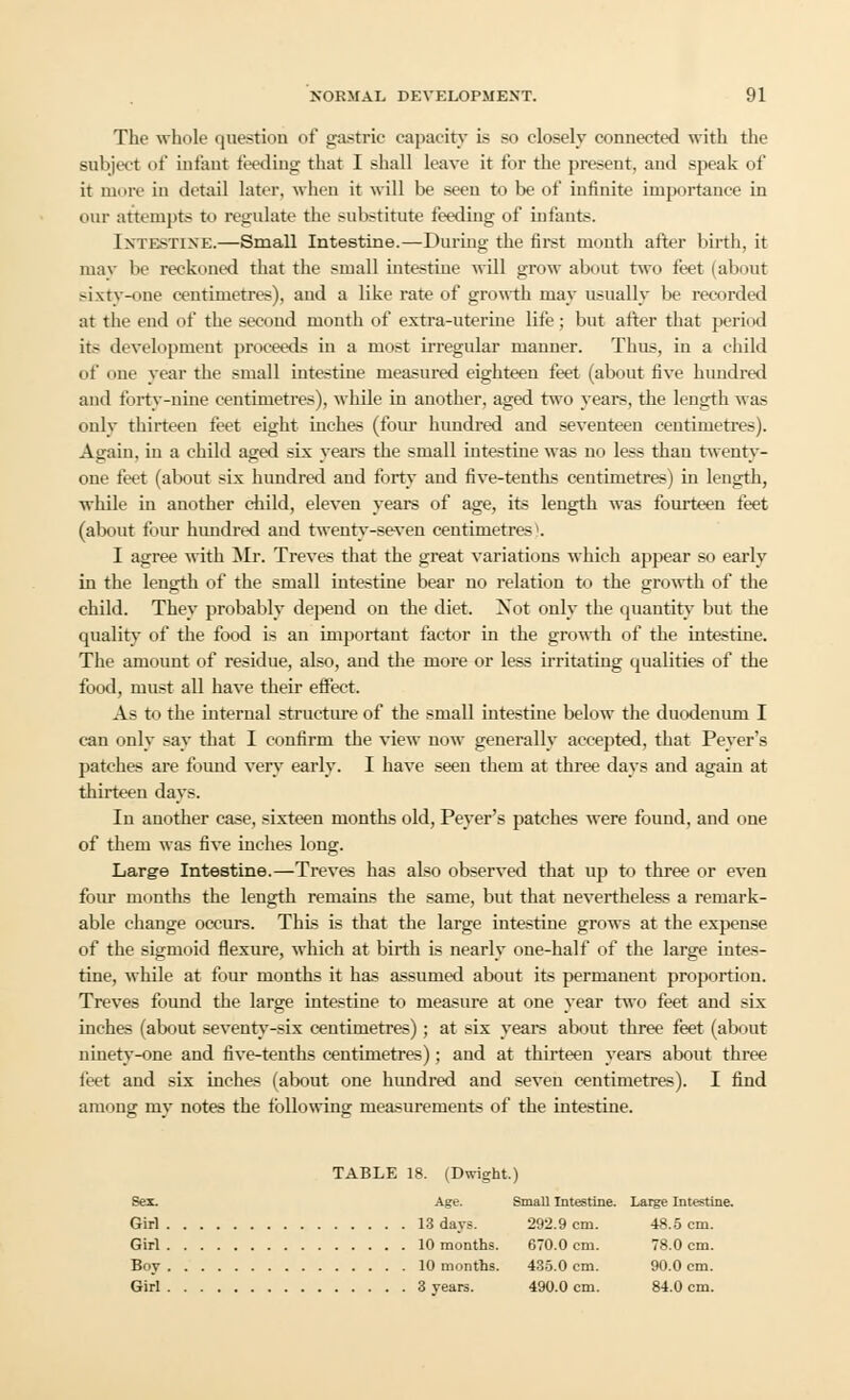 The whole question of gastric capacity is so closely connected with the subject of infant feeding that I shall leave it for the present, and speak of it more in detail later, when it will be seen to be of infinite importance in our attempts to regulate the substitute feeding of infants. INTESTINE.—Small Intestine.—During the first montli after birth, it may be reckoned that the small intestine will grow about two feet (ab rat -ixty-one centimetres), and a like rate of growth may usually be recorded at the end of the second month of extra-uterine life; but after that period its development proceeds in a most irregular manner. Thus, in a child of one year the small intestine measured eighteen feet (about five hundred and forty-nine centimetres), while in another, aged two years, the length was only thirteen feet eight inches (four hundred and seventeen centimetres). Again, in a child aged six years the small intestine was no less than twenty- one feet (about six hundred and forty and five-tenths centimetres) in length, while in another child, eleven years of age, its length was fourteen feet (about four hundred and twenty-seven centimetres). I agree with Mr. Treves that the great variations which appear so early in the length of the small intestine bear no relation to the growth of the child. They probably depend on the diet. Xot only the quantity but the quality of the food is an important factor in the growth of the intestine. The amount of residue, also, and the more or less irritating qualities of the food, must all have their effect. As to the internal structure of the small intestine below the duodenum I can only say that I confirm the view now generally accepted, that Peyer's patches are found very early. I have seen them at three days and again at thirteen days. In another case, sixteen months old, Peyer's patches were found, and one of them was five inches long. Large Intestine.—Treves has also observed that up to three or even four months the length remains the same, but that nevertheleas a remark- able change occurs. This is that the large intestine grows at the expense of the sigmoid flexure, which at birth is nearly one-half of the large intes- tine, while at four months it has assumed about its permanent proportion. Treves found the large intestine to measure at one year two feet and six inches (about seventy-six centimetres); at six years about three feet (about ninety-one and five-tenths centimetres); and at thirteen years about three feet and six inches (about one hundred and seven centimetres). I find among my notes the following measurements of the intestine. TABLE 18. (Dvright.) Sex. Age. Small Intestine. Large Intestine. Girl 13 days. 292.9 cm. 48.5 cm. Girl 10 months. 670.0 cm. 78.0 cm. Boy 10 months. 435.0 cm. 90.0 cm. Girl 3 years. 490.0 cm. 84.0 cm.