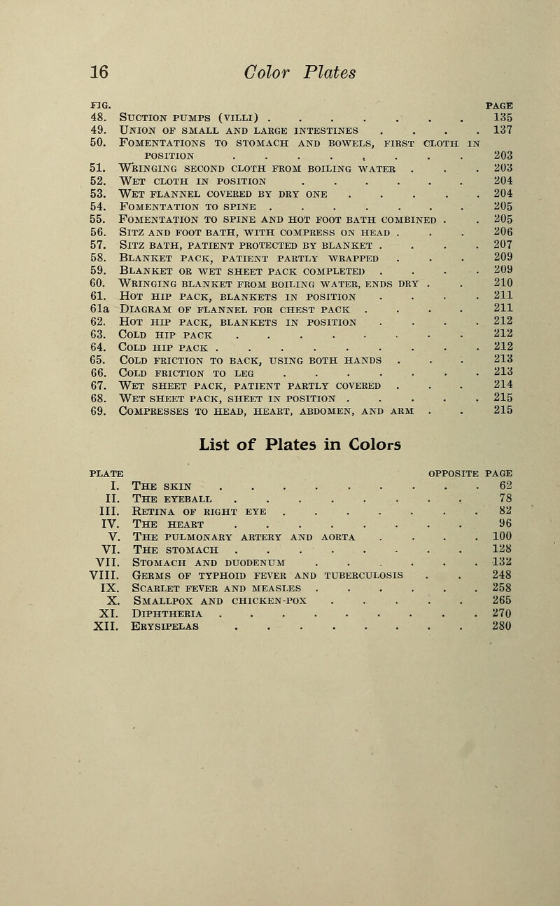 FIG. 48. Suction pumps (villi) . . . . 49. Union of small and large intestines 50. Fomentations to stomach and bowels, first cloth position ....... 51. Wringing second cloth from boiling water 52. Wet cloth in position ..... 53. Wet flannel covered by dry one .... 54. Fomentation to spine ...... 55. Fomentation to spine and hot foot bath combined . 56. sltz and foot bath, with compress on head . 57. sltz bath, patient protected by blanket . 58. Blanket pack, patient partly wrapped 59. Blanket or wet sheet pack completed 60. Wringing blanket from boiling water, ends dry . 61. Hot hip pack, blankets in position 61a Diagram of flannel for chest pack . 62. Hot hip pack, blankets in position 63. Cold hip pack ....... 64. Cold hip pack ........ 65. Cold friction to back, using both hands 66. Cold friction to leg ...... 67. Wet sheet pack, patient partly covered 68. Wet sheet pack, sheet in position .... 69. Compresses to head, heart, abdomen, and arm . PAGE 135 137 203 203 204 204 205 205 206 207 209 209 210 211 211 212 212 212 213 213 214 215 215 List of Plates in Colors PLATE I. The skin ...... II. The eyeball ...... III. Retina of right eye .... IV. The heart ...... V. The pulmonary artery and aorta VI. The stomach . . . . VII. Stomach and duodenum VIII. Germs of typhoid fever and tuberculosis IX. Scarlet fever and measles . X. Smallpox and chicken-pox XI. Diphtheria ...... XII. Erysipelas ...... OPPOSITE PAGE 62 78 82 96 100 128 132 248 258 265 270 280