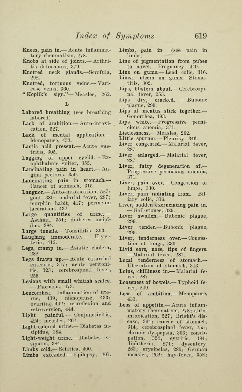 Knees, pain in.— Acute inflamma- tory rheumatism, 2,18. Knobs at side of joints.— Arthri- tis deformans, 379. Knotted neck glands.—Scrofula, 292. Knotted, tortuous veins.— Vari- cose veins, 360.  Koplik's sign.— Measles, 262. Labored breathing (see breathing labored). Lack of ambition.— Auto-intoxi- cation, 527. Lack of mental application.— Menopause, 433. Lactic acid present.— Acute gas- tritis, 305. Lagging of upper eyelid.— Ex- ophthalmic goiter, 355. Lancinating pain in heart.— An- gina pectoris, 359. Lancinating pain in stomach.— Cancer of stomach, 315. Languor.— Auto-intoxication, 527; gout, 380; malarial fever, 287; morphin habit, 417; perineum laceration, 432. Large quantities of urine.— Asthma, 351; diabetes insipi- dus, 384. Large tonsils.— Tonsillitis, 303. Laughing immoderate. — Hys- teria, 412. Legs, cramp in.— Asiatic cholera, 282. Legs drawn up.— Acute catarrhal enteritis, 317; acute peritoni- tis, 323; cerebrospinal fever, 255. Lesions with small whitish scales. — Psoriasis, 473. Leucorrhea.—Inflammation of ute- rus, 439; menopause, 433; ovaritis, 442; retroflexion and retroversion, 444. Light painful.'— Conjunctivitis, 424; measles, 262. Light-colored urine.— Diabetes in- sipidus, 384. Light-weight urine.— Diabetes in- sipidus, 384. Limbs cold.— Sciatica, 400. Limbs extended.— Epilepsy, 407. Limbs, pain in (»ee pain in limbs). Line of pigmentation from pubes to navel.— Pregnancy, 449. Line on gums.— Lead colic, 316. Linear ulcers on gums.—Stoma- titis, 302. Lips, blisters about.— Cerebrospi- nal fever, 255. Lips dry, cracked. — Bubonic plague, 299. Lips of meatus stick together.— Gonorrhea, 493. Lips white.— Progressive perni- cious anemia, 371. Listlessness.— Measles, 262. Little sputum.— Pleurisy, 346. Liver congested.— Malarial fever, 287. Liver enlarged.— Malarial fever, 287. Liver, fatty degeneration of.— Progressive pernicious anemia, 371. Liver, pain over.— Congestion of lungs, 330. Liver, pain radiating from.— Bil- iary colic, 316. Liver, sudden excruciating pain in. — Gall-stones, 329. Liver swollen.— Bubonic plague, 299. Liver tender.— Bubonic plague, 299. Liver, tenderness over.— Conges- tion of lungs, 330. Livid ears, nose, tips of fingers. —Malarial fever, 287. Local tenderness of stomach.— Ulceration of stomach, 313. Loins, chilliness in.— Malarial fe- ver, 287. Looseness of bowels.— Typhoid fe- ver, 249. Loss of ambition.— Menopause, 433. Loss of appetite.— Acute inflam- matory rheumatism, 278; auto- intoxication, 527; Bright's dis- ease, 364; cancer of stomach, 314; cerebrospinal fever, 255; chronic dyspepsia, 306; consti- pation, 324; cystitis, 484; diphtheria, 271; dysentery, 283; erysipelas, 280; German measles, 264; hay-fever, 352;