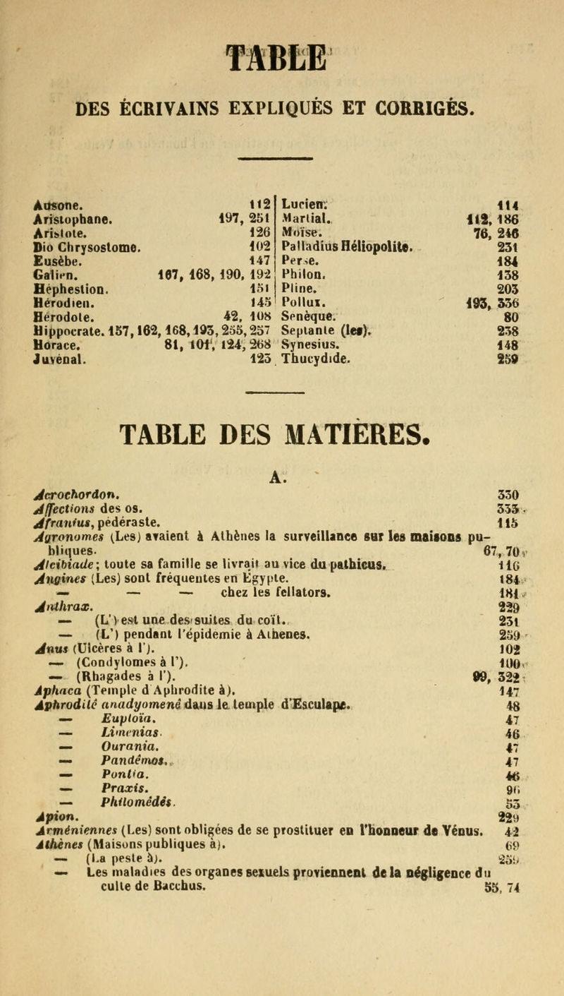 DES ÉCRIVAINS EXPLIQUES ET CORRIGÉS. Ausone. 112 Lucien: 114 Aristophane. 197,251 Martial. 112,186 ArUlote. 126 Moïse. 76,246 Dio Chrysoslome. 102 Palladius Héliopolite. 231 Eusèbe. 147 Per^e. 184 Galion. 167, 168, 190, 19-2 Pbilon. 138 Héphestion. 151 Pline. 203 Hérodien. 145 Pollux. 193, 336 Herodole. 42, 108 Senèque. 80 Hippocrate. 157,162,168,193,255,257 Septante (let). 238 Horace. 81, lOi', 124, 268 Synesius. 148 Juvenal. 125 Thucydide. 259 TABLE DES MATIERES. A. Jcroehordon. 330 Affections des os. 555 • Afranhis, pédéra s te. 115 Aqronom.es (Les) avaient à Athènes la surveillance sur les maisons pu- bliques. 67,70, Aleibiade; toute sa famille se livrait au vice du pathicus. 116 Angines (Les) sont fréquentes en Egypte. 184 — — — chez les fellators. 181, Anthrax. 229 — (L'Vest une des*suites du coït. 23t — (L') pendant l'épidémie à Athènes. 259 Anus (Ulcères à l'j. 102 •— (Comlylomes à V). 100. — (Rhagades à I'). 99, 322 Aphaca (Temple d Aphrodite à). 147 Aphrodite anadyomené dans le temple d'Esculape. 48 — Euptoïa. 47 — Limenias- 46 — Ourania. 47 — Pandêmos, 47 — PonUa. 43 — Praxis. 9<i — Philo mêdês 55 Jpion. 22w Arméniennes (Les) sont obligées de se prostituer en l'honneur de Vénus. 42 Athènes (Maisons publiques à). 69 — (La peste àj. Soi, — Les maladies des organes sexuels proviennent de la négligence du culte de Bacchus. 55, 74