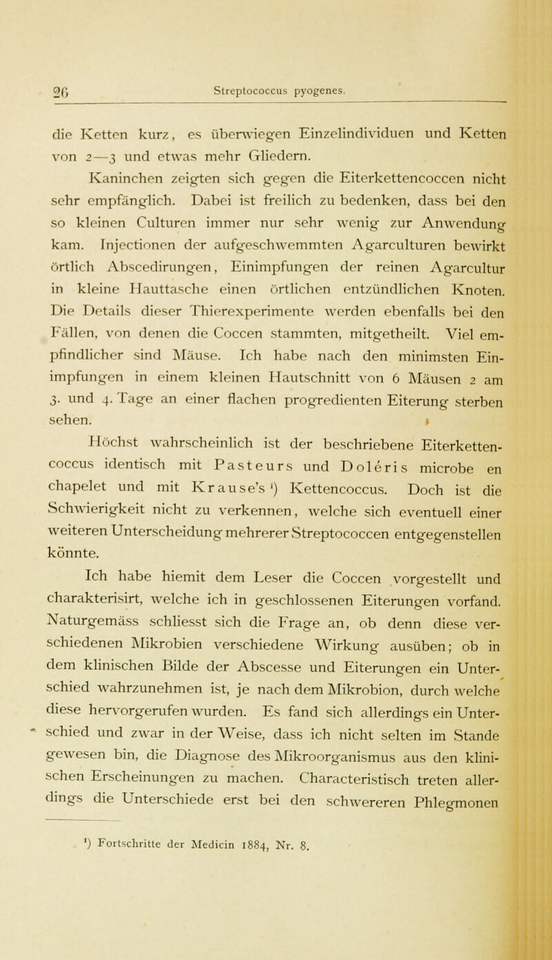 die Ketten kurz, es überwiegen Einzelindividuen und Ketten von 2—3 und etwas mehr Gliedern. Kaninchen zeigten sich gegen die Eiterkettencoccen nicht sehr empfänglich. Dabei ist freilich zu bedenken, dass bei den so kleinen Culturen immer nur sehr wenig zur Anwendung kam. Injectionen der aufgeschwemmten Agarculturen bewirkt örtlich Abscedirungen, Einimpfungen der reinen Agarcultur in kleine Hauttasche einen Ortlichen entzündlichen Knoten. Die Details dieser Thierexperimente werden ebenfalls bei den F'ällen, von denen die Coccen stammten, mitgetheilt. Viel em- pfindlicher sind Mäuse. Ich habe nach den minimsten Ein- impfungen in einem kleinen Hautschnitt von 6 Mäusen 2 am 3. und 4. Tage an einer flachen progredienten Eiterung sterben sehen. Höchst wahrscheinlich ist der beschriebene Eiterketten- coecus identisch mit Pasteurs und Doleris microbe en chapelet und mit Krause's') Kettencoccus. Doch ist die Schwierigkeit nicht zu verkennen, welche sich eventuell einer weiteren Unterscheidung mehrerer Streptococcen entgegenstellen könnte. Ich habe hiemit dem Leser die Coccen vorgestellt und charakterisirt, welche ich in geschlossenen Eiterungen vorfand. Naturgemäss schliesst sich die Erage an, ob denn diese ver- schiedenen Mikrobien verschiedene Wirkung ausüben; ob in dem klinischen Bilde der Abscesse und Eiterungen ein Unter- schied wahrzunehmen ist, je nach dem Mikrobion, durch welche diese hervorgerufen wurden. Es fand sich allerdings ein Unter- schied und zwar in der Weise, dass ich nicht selten im Stande gewesen bin, die Diagnose des Mikroorganismus aus den klini- schen Erscheinungen zu machen. Characteristisch treten aller- dings die Unterschiede erst bei den schwereren Phlegmonen