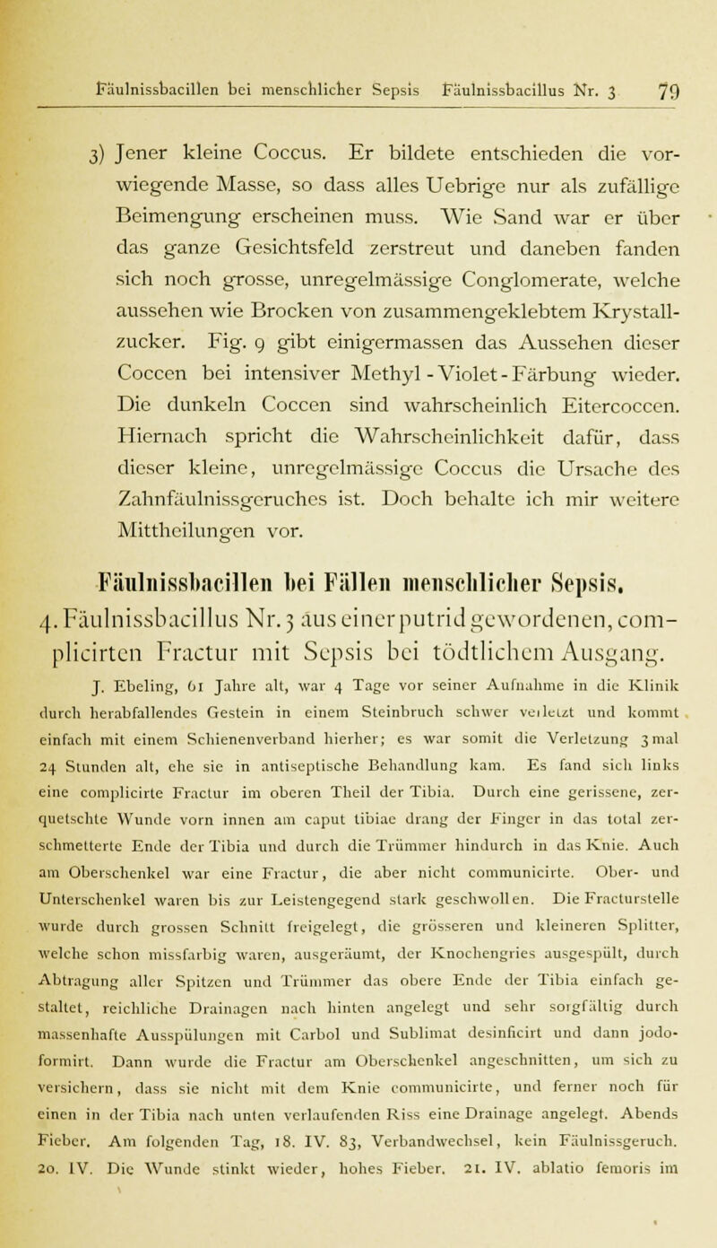 3) Jener kleine Coccus. Er bildete entschieden die vor- wiegende Masse, so dass alles Uebrige nur als zufällige Beimengung erscheinen muss. Wie Sand war er über das ganze Gesichtsfeld zerstreut und daneben fanden sich noch grosse, unregelmässige Conglomerate, welche aussehen wie Brocken von zusammengeklebtem Kristall- zucker. Fig. 9 gibt einigcrmassen das Aussehen dieser Cocccn bei intensiver Methyl - Violet - Färbung wieder. Die dunkeln Coccen sind wahrscheinlich Eitercoccen. Hiernach spricht die Wahrscheinlichkeit dafür, dass dieser kleine, unregclmässigc Coccus die Ursache des Zahnfäulnissgeruchcs ist. Doch behalte ich mir weitere Mittheilungen vor. Fäulnissbacillen liei Fällen menschlicher Sepsis. 4.Fäulnissbacillus Nr. 3 aus einer putrid gewordenen, com- plicirten Fractur mit Sepsis bei tödtlichem Ausgang. J. Ebeling, 6l Jahre alt, war 4 Tage vor seiner Aufnahme in die Klinik durch herabfallendes Gestein in einem Steinbruch schwer veileizt und kommt einfach mit einem Schienenverband hierher; es war somit die Verletzung 3mal 24 Stunden alt, ehe sie in antiseptische Behandlung kam. Es fand sich links eine complicirte Fractur im oberen Theil der Tibia. Durch eine gerissene, zer- quetschte Wunde vorn innen am caput tibiae drang der Finger in das total zer- schmetterte Ende der Tibia und durch die Trümmer hindurch in das Knie. Auch am Oberschenkel war eine Fractur, die aber nicht communicirte. Ober- und Unterschenkel waren bis zur Leistengegend stark geschwollen. Die Fracturslelle wurde durch grossen Schnitt freigelegt, die grosseren und kleineren Splitter, welche schon missfarbig waren, ausgeräumt, der Knochengries ausgespült, durch Abtragung aller Spitzen und Trümmer das obere Ende der Tibia einfach ge- staltet, reichliche Drainagen nach hinten angelegt und sehr sorgfältig durch massenhafte Ausspülungen mit Carbol und Sublimat desinficirt und dann jodo- formirt. Dann wurde die Fractur am Oberschenkel angeschnitten, um sich zu versichern, dass sie nicht mit dem Knie communicirte, und ferner noch für einen in der Tibia nach unten verlaufenden Riss eine Drainage angelegt. Abends Fieber. Am folgenden Tag, 18. IV. 83, Verbandwechsel, kein Fäulnissgeruch. 20. IV. Die Wunde stinkt wieder, hohes Fieber. 21. IV. ablatio femoris im