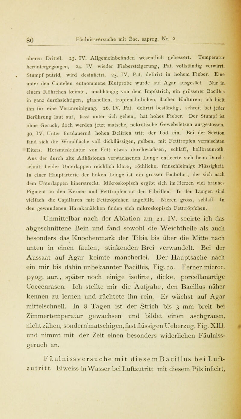 oberen Drittel. 23. IV. Allgemeinbefinden wesentlich gebessert. Temperatur heruntergegangen. 24. IV. wieder Fiebersteigerung, Fat. vollständig verwirrt. Stumpf putrid, wird desinficirt. 25. IV. Pat. delirirt in hohem Fieber. Eine unter den Cautelen entnommene Blutprobe wurde auf Agar ausgesäet. Nur in einem Rohrchen keimte, unabhängig von dem Impfsti ich, ein grösserer Bacillus in ganz durchsichtigen, glashellen, tropfenähnlichen, flachen Kulturen; ich hielt ihn für eine Verunreinigung. 26. IV. Fat. delirirt beständig, schreit bei jeder Berührung laut auf, lässt unter sich gehen, hat hohes Fieber. Der Stumpf ist ohne Geruch, doch werden jetzt matsche, nekrotische Gewebsfetzen ausgestossen. 30. IV. Unter fortdauernd hohen Delirien tritt der Tod ein. Bei der Section fand sich die Wundfläche voll dickflüssigen, gelben, mit Fetttropfen vermischten Eiters. Herzmuskulatur von Fett etwas durchwachsen, schlaff, hellbraunroth. Aus der durch alte Adhäsionen verwachsenen Lunge entleerte sich beim Durch- schnitt beider Unterlappen reichlich klare, röthliche, feinschleimige Flüssigkeit. In einer Hauptarterie der linken Lunge ist ein grosser Embolus, der sich nach dem Untcrlappen hinerstreckt. Mikroskopisch ergibt sich im Herzen viel braunes Pigment an den Kernen und Fetttropfen an den Fibrillen. In den Lungen sind vielfach die Capillaren mit Fetttröpfchen angefüllt. Nieren gross, schlaff. In den gewundenen Harnkanälchcn finden sich mikroskopisch Fetttröpfchen. Unmittelbar nach der Ablation am 21. IV. secirte ich das abgeschnittene Bein und fand sowohl die Weichtheile als auch besonders das Knochenmark der Tibia bis über die Mitte nach unten in einen faulen, stinkenden- Brei verwandelt. Bei der Aussaat auf Agar keimte mancherlei. Der Hauptsache nach ein mir bis dahin unbekannter Bacillus, Fig. 10. Ferner microc. pyog. aur., später noch einige isolirte, dicke, porcellanartige Coccenrasen. Ich stellte mir die Aufgabe, den Bacillus näher kennen zu lernen und züchtete ihn rein. Er wächst auf Agar mittelschnell. In 8 Tagen ist der Strich bis 3 mm breit bei Zimmertemperatur gewachsen und bildet einen aschgrauen, nicht zähen, sondern'matschigen, fast flüssigen Ueberzug, Fig. XIII, und nimmt mit der Zeit einen besonders widerlichen Fäulniss- geruch an. Fäulnissversuche mit diesem B acillus bei Luft- zutritt. Ei weiss in Wasser bei Luftzutritt mit diesem Pilz inficirt,