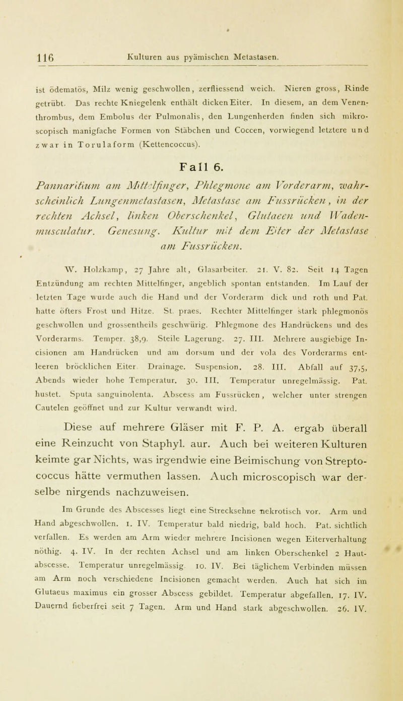 ist ödematös, Milz wenig geschwollen, zerfliessend weich. Nieren gross, Rinde getrübt. Das rechte Kniegelenk enthält dicken Eiler. In diesem, an dem Venen- thrombus, dem Embolus der Pulmonalis, den Lungenherden linden sich mikro- scopisch manigfache Formen von Stäbchen und Coccen, vorwiegend letztere und zwar in Torulaform (Kettencoccus). Fall 6. Pannaritium am Mittelfinger, Phlegmone am Vorderarm, wahr- scheinlich Lungenmetastasen, Metastase am Fussrücken, in der rechten Achsel, linken Oberschenkel, Glutaeen und Waden- musculatur. Genesung. Kultur mit dem E'ter der Metastase um Fussrücken. W. Holzkamp, 27 Jahre alt, Glasarbeiter. ZI. V. 8:. Seil 14 Tagen Entzündung am rechten Mittelfinger, angeblich spontan entstanden. Im Lauf der letzten Tage wuide auch die Hand und der Vorderarm dick und roth und Pat. hatte öfters Frost und Hitze. St praes. Rechter Mittelfinger stark phlegmonös geschwollen und gros^entlicils geschwürig. Phlegmone des Handrückens und des Vorderarms. Temper. 38,9. Steile Lagerung. 27. III. Mehrere ausgiebige In- cisionen am Handrücken und am dorsum und der vola des Vorderarms ent- leeren bröcklichen Eiler Drainage. Suspension. 28. III. Abfall auf 37,5, Abends wieder hohe Temperatur. 30. III. Temperatur unregelmässig. Pat. hustet. Sputa sanguinolenta. Abscess am Fussrücken, welcher unter strengen Cautelen geöffnet und zur Kultur verwandt wird. Diese auf mehrere Gläser mit F. P. A. ergab überall eine Reinzucht von Staphyl. aur. Auch bei weiteren Kulturen keimte gar Nichts, was irgendwie eine Beimischung von Strepto- coccus hätte vermuthen lassen. Auch microscopisch war der- selbe nirgends nachzuweisen. Im Grunde des Abscesses Hegt eine Strecksehne -nekrotisch vor. Arm und Hand abgeschwollen. 1. IV. Temperatur bald niedrig, bald hoch. Pat. sichtlich verfallen. Es werden am Arm wieder mehrere Incisionen wegen Eiterverhaltung nöthig. 4. IV. In der rechten Achsel und am linken Oberschenkel 2 Haut- abscesse. Temperatur unregelmässig 10. IV. Bei täglichem Verbinden müssen am Arm noch verschiedene Incisionen gemacht werden. Auch hat sich im Glutaeus maximus ein grosser Abscess gebildet. Temperatur abgefallen, 17. IV.