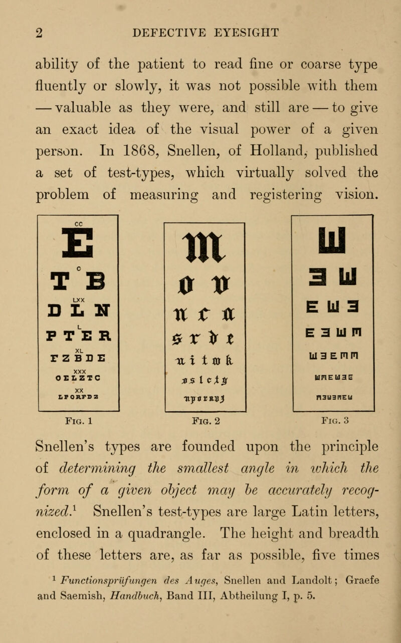 ability of the patient to read fine or coarse type fluently or slowly, it was not possible with them — valuable as they were, and still are — to give an exact idea of the visual power of a given person. In 1868, Snellen, of Holland, published a set of test-types, which virtually solved the problem of measuring and registering vision. cc E UJ m TB 0 1* 3 hi LXX D L N U t fl E Ul 3 P TE B. £ X fr t E 3 III PI XL FZ BD E 111 to ft. U13EP1P! XXX OELZTC vs I cXs LIHEU3E LPORFDZ Tip or alt ^ n3U3PlEU Fig. 1 Fig. 2 Fig. 3 Snellen's types are founded upon the principle of determining the smallest angle in which the form of a given object may be accurately recog- nized} Snellen's test-types are large Latin letters, enclosed in a quadrangle. The height and breadth of these letters are, as far as possible, five times 1 Functionsprilfungen des Auyes, Snellen and Landolt; Graefe and Saemish, Handbuch, Band III, Abtheilung I, p. 5.