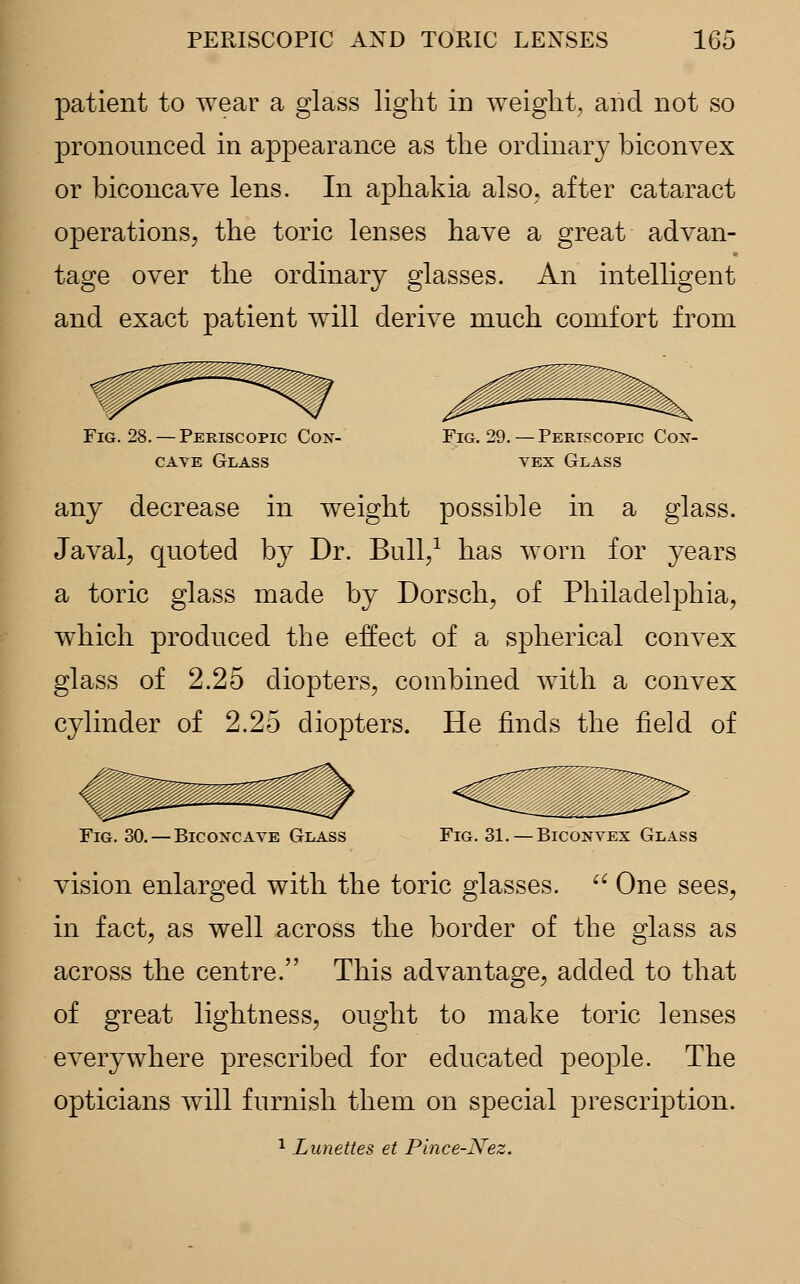 patient to wear a glass light in weight, and not so pronounced in appearance as the ordinary biconvex or biconcave lens. In aphakia also, after cataract operations; the toric lenses have a great advan- tage over the ordinary glasses. An intelligent and exact patient will derive much comfort from Fig. 28. —Periscopic Con- cave Glass Fig. 29. — Periscopic Con- vex Glass any decrease in weight possible in a glass. Javal, quoted by Dr. Bull,1 has worn for years a toric glass made by Dorsch, of Philadelphia, which produced the effect of a spherical convex glass of 2.25 diopters, combined with a convex cylinder of 2.25 diopters. He finds the field of Fig. 30. —Biconcave Glass Fig. 31. —Biconvex Glass vision enlarged with the toric glasses.  One sees, in fact, as well across the border of the glass as across the centre. This advantage, added to that of great lightness, ought to make toric lenses everywhere prescribed for educated people. The opticians will furnish them on special prescription. 1 Lunettes et Pince-Nez.