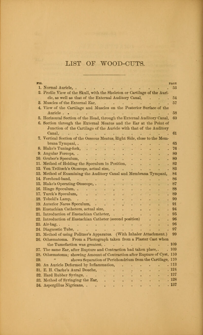 LIST OF WOOD-CUTS. FIG. PAGE 1. Normal Auricle, 53 2. Profile View of the Skull, with the Skeleton or Cartilage of the Auri- cle, as well as that of the External Auditory Canal, . . .54 3. Muscles of the External Ear, 57 4. View of the Cartilage and Muscles on the Posterior Surface of the Auricle 58 5. Horizontal Section of the Head, through the External Auditory Canal, 60 6. Section through the External Meatus and the Ear at the Point of Junction of the Cartilage of the Auricle with that of the Auditory Canal, 61 7. Vertical Section of the Osseous Meatus, Right Side, close to the Mem- brana Tynipani, 65 8. Blake's Tuning-fork, 76 9. Angular Forceps 80 10. Gruber's Speculum, 80 11. Method of Holding the Speculum in Position, 82 12. Von Troltsch's Otoscope, actual size, 83 13. Method of Examining the Auditory Canal and Membrana Tympani, 84 14. Forehead-band, 86 15. Blake's Operating Otoscope, 87 16. Hinge Speculum, . 88 17. Turck's Speculum, 89 18. Tobold's Lamp, 90 19. Anterior Nares Speculum, , 91 20. Eustachian Catheters, actual size, 94 21. Introduction of Eustachian Catheter, 95 22. Introduction of Eustachian Catheter (second position) . . .96 23. Air-bag 96 24. Diagnostic Tube, 97 23. Method of using Politzer's Apparatus. (With Inhaler Attachment.) 99 26. Othaematoma. From a Photograph taken from a Plaster Cast when the Tumefaction was greatest. 109 27. The same Ear, after Rupture and Contraction had taken place,. . 109 28. Othaematoma; showing Amount of Contraction after Rupture of Cyst, 110 29.  shows Separation of Perichondrium from the Cartilage, 110 30. An Auricle Deformed by Inflammation, 113 31. E. H. Clarke's Aural Douche, . . . . . . . .124 32. Hard Rubber Syringe, . . . .137 33. Method of Syringing the Ear, 128