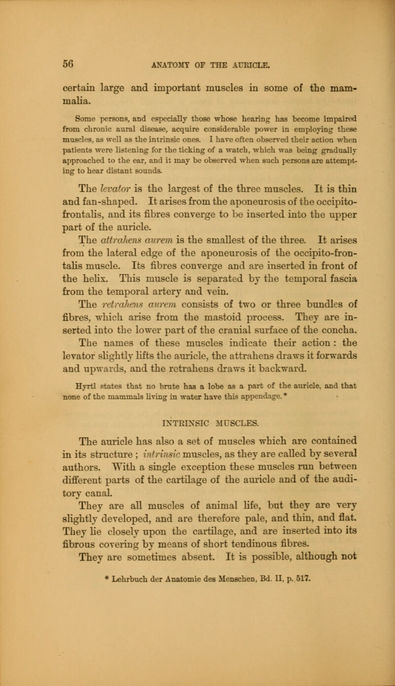 certain large and important muscles in some of the mam- malia. Some persons, and especially those whose hearing has become impaired from chronic aural disease, acquire considerable power in employing these muscles, as well as the intrinsic ones. I haye often observed their action whon patients were listening for the ticking of a watch, which was being gradually approached to the ear, and it may be observed when such persons are attempt- ing to hear distant sounds. The levator is the largest of the three muscles. It is thin and fan-shaped. It arises from the aponeurosis of the occipito- frontalis, and its fibres converge to be inserted into the upper part of the auricle. The attrahens av.rem is the smallest of the three. It arises from the lateral edge of the aponeurosis of the occipito-fron- talis muscle. Its fibres converge and are inserted in front of the helix. This muscle is separated by the temporal fascia from the temporal artery and vein. The retraliens av.rem consists of two or three bundles of fibres, which arise from the mastoid process. They are in- serted into the lower part of the cranial surface of the concha. The names of these muscles indicate their action : the levator slightly lifts the auricle, the attrahens draws it forwards and upwards, and the retrahens draws it backward. Hyrtl states that no brute has a lobe as a part of the auricle, and that none of the mammals living in water have this appendage. * INTRINSIC MUSCLE- The auricle has also a set of muscles which are contained in its structure ; intrinsic muscles, as they are called by several authors. With a single exception these muscles run between different parts of the cartilage of the auricle and of the audi- tory canal. They are all muscles of animal life, but they are very slightly developed, and are therefore pale, and thin, and flat. They lie closely upon the cartilage, and are inserted into its fibrous covering by means of short tendinous fibres. They are sometimes absent. It is possible, although not * Lehrbuch der Anatomie des Menschen, Bd. II, p. 517.