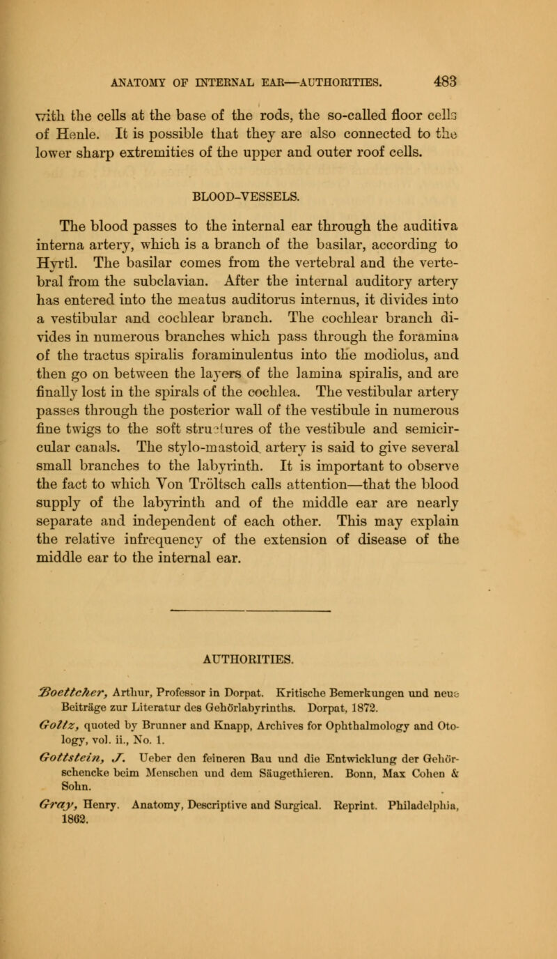 \7itl1 the cells at the base of the rods, the so-called floor celb of Henle. It is possible that they are also connected to the lower sharp extremities of the upper and outer roof ceDs. BLOOD-VESSELS. The blood passes to the internal ear through the auditiva interna artery, which is a branch of the basilar, according to Hyrtl. The basilar comes from the vertebral and the verte- bral from the subclavian. After the internal auditory artery has entered into the meatus auditorus internus, it divides into a vestibular and cochlear branch. The cochlear branch di- vides in numerous branches which pass through the foramina of the tractus spiralis foraminulentus into the modiolus, and then go on between the layers of the lamina spiralis, and are finally lost in the spirals of the cochlea. The vestibular artery passes through the posterior wall of the vestibule in numerous fine twigs to the soft structures of the vestibule and semicir- cular canals. The stylo-mastoid artery is said to give several small branches to the labyrinth. It is important to observe the fact to which Von Troltsch calls attention—that the blood supply of the labyrinth and of the middle ear are nearly separate and independent of each other. This may explain the relative infrequency of the extension of disease of the middle ear to the internal ear. AUTHORITIES. TZoettcher, Arthur, Professor in Dorpat. Kritische Bemerkungen und neuo- Beitrage zur Literatur des Geho'rlabyrinths. Dorpat, 1872. Goltz, quoted by Brunner and Knapp, Archives for Ophthalmology and Oto- logy, vol. ii., No. 1. Gottstein, J. Ueber den feineren Bau und die Entwicklung der Gehor- schencke beim Menschen und dem Saugethieren. Bonn, Max Cohen k Sohn. Gray, Henry. Anatomy, Descriptive and Surgical. Reprint. Philadelphia, 1862.