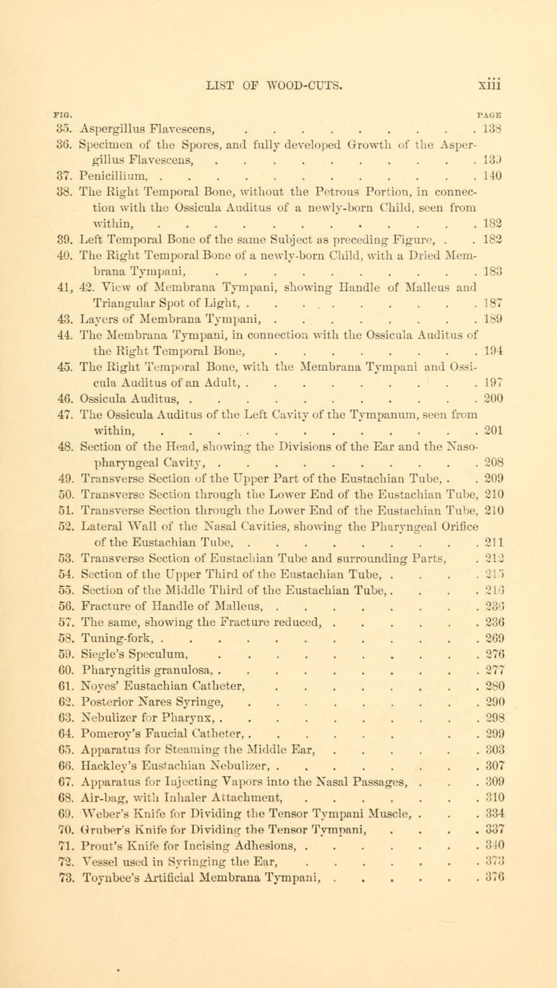 FIG. PAGE 35. Aspergillus Flavescens, L38 36. Specimen of the Spores, and fully developed Growth of the Asper- gillus Flavescens, 139 37. Penicillium, 140 38. The Right Temporal Bone, without the Petrous Portion, in connec- tion with the Ossicula Auditus of a newly-born Child, seen from within, 182 39. Left Temporal Bone of the same Subject as preceding Figure, . . 182 40. The Right Temporal Bone of a newly-born Child, with a Dried Mem- brana Tympani, . 183 41. 42. View of Membrana Tympani, showing Handle of Malleus and Triangular Spot of Light, . . . 187 43. Layers of Membrana Tympani, 189 44. The Membrana Tympani, in connection with the Ossicula Auditus of the Right Temporal Bone, .194 45. The Right Temporal Bone, with the Membrana Tympani and Ossi- cula Auditus of an Adult, 197 46. Ossicula Auditus, 200 47. The Ossicula Auditus of the Left Cavity of the Tympanum, seen from within, 201 48. Section of the Head, showing the Divisions of the Ear and the Naso- pharyngeal Cavity, 208 49. Transverse Section of the Upper Part of the Eustachian Tube, . . 209 50. Transverse Section through the Lower End of the Eustachian Tube, 210 51. Transverse Section through the Lower End of the Eustachian Tube, 210 52. Lateral Wall of the Nasal Cavities, showing the Pharyngeal Orifice of the Eustachian Tube, 211 53. Transverse Section of Eustachian Tube and surrounding Parts, . 212 54. Section of the Upper Third of the Eustachian Tube, ... 55. Section of the Middle Third of the Eustachian Tube,. . . .216 56. Fracture of Handle of Malleus, 230 57. The same, showing the Fracture reduced, 236 58. Tuning-fork, 269 59. Siegle's Speculum, 276 60. Pharyngitis granulosa, 277 61. Noyes' Eustachian Catheter, 280 62. Posterior Nares Syringe, 290 63. Nebulizer for Pharynx, 298 64. Pomeroy's Faucial Catheter, . 299 65. Apparatus for Steaming the Middle Ear, ...... 303 66. Hackley's Eustachian Nebulizer, . 307 67. Apparatus for Injecting Vapors into the Nasal Passages, . . . 309 68. Air-bag, with Inhaler Attachment, 310 69. Weber's Knife for Dividing the Tensor Tympani Muscle, . . . 334 70. timber's Knife for Dividing the Tensor Tympani, .... 337 71. Prout's Knife for Incising Adhesions, 340 72. Vessel used in Syringing the Ear, 373 73. Toynbee's Artificial Membrana Tympani, 376