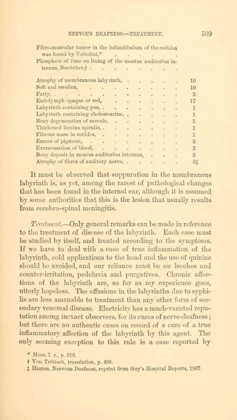 Fibro-muscular tumor in the infundibulum of the cochlea was found by Voltolini,* Phosphate of lime on lining of the meatus auditorius in- ternum, Boettcher,f ; Atrophy of membranous labyrinth, 16 Soft and swollen, 10 Fatty, 2 Endolymph opaque or red, 17 Labyrinth containing pus, 1 Labyrinth containing cholestearine, 1 Bony degeneration of saccule, 1 Thickened lamina spiralis, 1 Fibrous mass in cochlea, 1 Excess of pigment, 3 Extravasation of blood, 2 Bony deposit in meatus auditorius internus, ... 2 Atrophy of fibres of auditory nerve, ..... 3| It must be observed that suppuration in the membranous labyrinth is, as yet, among the rarest of pathological changes that has been found in the internal ear, although it is assumed by some authorities that this is the lesion that usually results from cerebro-spinal meningitis. Treatment.—Only general remarks can be made in reference to the treatment of disease of the labyrinth. Each case must be studied by itself, and treated according to the symptoms. If we have to deal with a case of true inflammation of the labyrinth, cold applications to the head and the use of quinine should be avoided, and our reliance must be on leeches and counter-irritation, pedeluvia and purgatives. Chronic affec- tions of the labyrinth are, so far as my experience goes, utterly hopeless. The effusions in the labyrinths due to syphi- lis are less amenable to treatment than any other form of sec- ondary venereal disease. Electricity has a much-vaunted repu- tation among inexact observers, for its cures of nerve-deafness; but there are no authentic cases on record of a cure of a true inflammatory affection of the labyrinth by this agent. The only seeming exception to this rule is a case reported by * Moos, 1. c, p. 316. f Von Troltsch, translation, p. 499. X Hinton, Nervous Deafness, reprint from Guy's Hospital Reports, 1SG7.