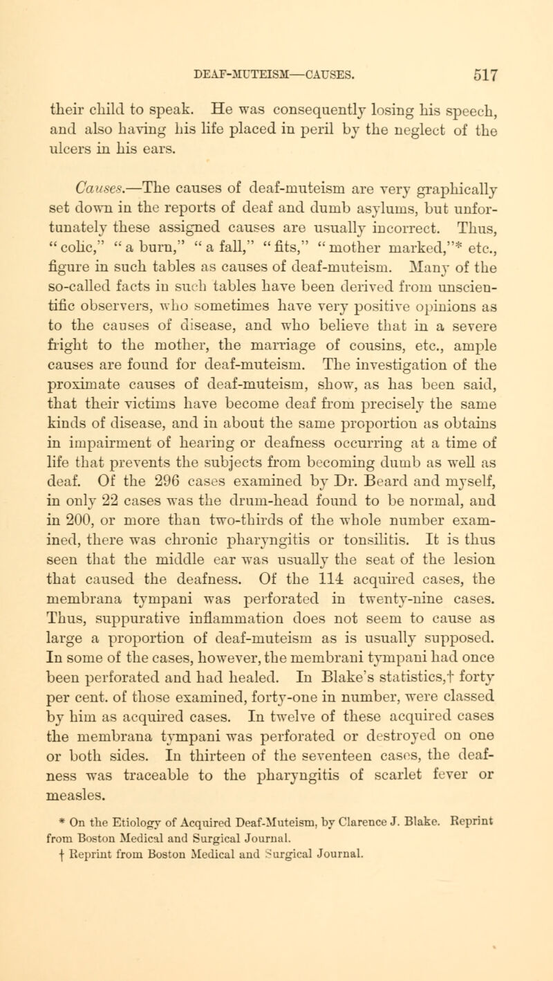 their cliikl to speak. He was consequently losing his speech, and also having his life placed in peril by the neglect of the ulcers in his ears. Causes.—The causes of deaf-niuteism are very graphically set down in the reports of deaf and dumb asylums, but unfor- tunately these assigned causes are usually incorrect. Thus, colic, a burn,  a fall, fits, mother marked,* etc., figure in such tables as causes of deaf-muteism. Many of the so-called facts iu such tables have been derived from unscien- tific observers, who sometimes have very positive opinions as to the causes of disease, and who believe that in a severe flight to the mother, the marriage of cousins, etc., ample causes are found for deaf-muteism. The investigation of the proximate causes of deaf-muteism, show, as has been said, that their victims have become deaf from precisely the same kinds of disease, and in about the same proportion as obtains in impairment of hearing or deafness occurring at a time of life that prevents the subjects from becoming dumb as well as deaf. Of the 296 cases examined by Dr. Beard and myself, in only 22 cases was the drum-head found to be normal, and in 200, or more than two-thirds of the whole number exam- ined, there was chronic pharyngitis or tonsilitis. It is thus seen that the middle ear was usually the seat of the lesion that caused the deafness. Of the 111 acquired cases, the membrana tympani was perforated in twenty-nine cases. Thus, suppurative inflammation does not seem to cause as large a proportion of deaf-muteism as is usually supposed. In some of the cases, however, the membrani tympani had once been perforated and had healed. In Blake's statistics,! forty per cent, of those examined, forty-one in number, were classed by him as acquired cases. In twelve of these acquired cases the membrana tympani was perforated or destroyed on one or both sides. In thirteen of the seventeen cases, the deaf- ness was traceable to the pharyngitis of scarlet fever or measles. * On the Etiology of Acquired Deaf-Muteism, by Clarence J. Blake. Reprint from Boston Medical and Surgical Journal. f Reprint from Boston Medical and Surgical Journal.