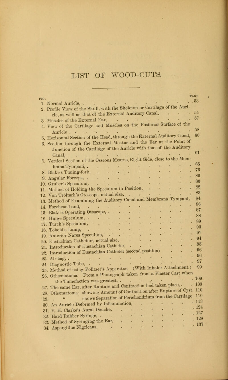 LIST OF WOOD-OUTS. PAGE no- 53 1. Normal Auricle, / 2. Profile View of tlie Skull, with the Skeleton or Cartilage of the Auri- cle, as well as that of the External Auditory Canal, ... 54 3. Muscles of the External Ear, ^^ 4. View of the Cartilage and Muscles on the Posterior Surface of the Auricle 5. Horizontal Section of the Head, through the External Auditory Canal, 00 6. Section through the External Meatus and the Ear at the Point of Junction of the Cartilage of the Auricle with that of the Auditory Canal, 7. Vertical Section of the Osseous Meatus. Right Side, close to the Mem- brana Tympani, 8. Blake's Tuning-fork, '_^ 9. Angular Forceps 10. Gruber's Speculum, . 11. Method of Holding the Speculum in Position, 82 12. Von Troltsch's Otoscope, actual size, ^^ 13. Method of Examining the Auditory Canal and Membrana Tympani, 84 14. Forehead-band, 15. Blake's Operating Otoscope, ^ 16. Hinge Speculum, . . . • > 17. Turck's Speculum, . • • ' 18. Tobold's Lamp, 19. Anterior Nares Speculum, . . • , • • • • ' 20. Eustachian Catheters, actual size, ^ 21. Introduction of Eustachian Catheter, ^^ 22 Introduction of Eustachian Catheter (second position) ... 96 . 96 23. Air-bag, 24. Diagnostic Tube, -, ' x* nn 25 Method of using Politzer's Apparatus. (With Inhaler Attachment.) 99 26. Othematoma. From a Photograph taken from a Plaster Cast when the Tumefaction was greatest, 27 The same Ear, after Rupture and Contraction had taken place,. .109 28. Othematoma; showing Amount of Contraction after Rupture of Cyst, 110 29.  shows Separation of Perichondrium from the Cartilage, 110 30. An Auricle Deformed by Inflammation, 31. E. H. Clarke's Aural Douche, 32. Hard Rubber Syringe, ^^^ 33. Method of Syringing the Ear, ^~^ 34. Aspergillus Nigricans,