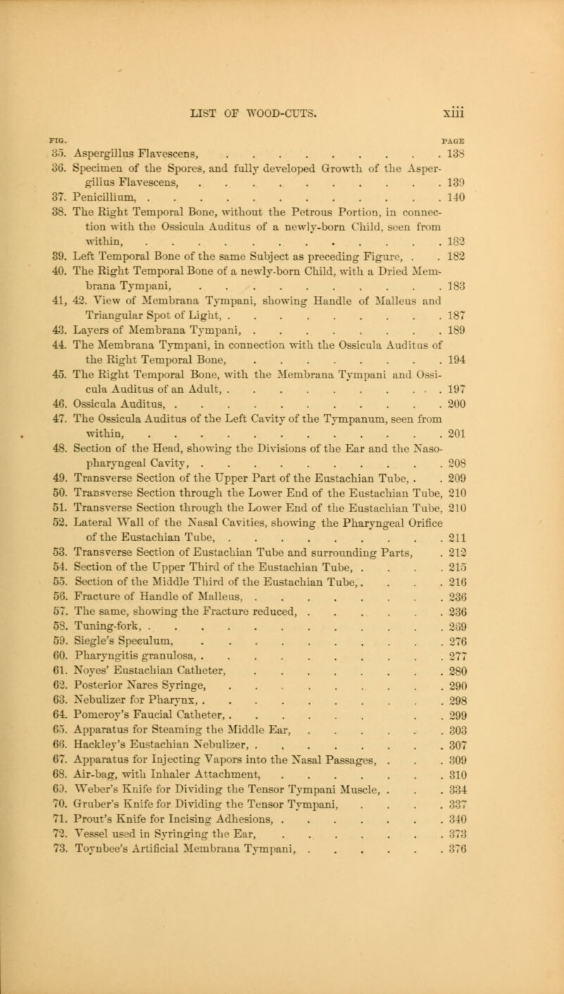 FIG. PAGE 35. Aspergillus Flavescens, 13S 36. Specimen of the Spores, and fully developed Growth of the Asper- gillus Flavescens, 139 37. Penicillium, 140 38. The Right Temporal Bone, \vithout the Petrous Portion, in connec- tion with the Ossicula Auditus of a newly-born Child, seen from within, 182 39. Left Temporal Bone of the same Subject as preceding Figure, . . 182 40. The Right Temporal Bone of a newly-born Child, with a Dried Mem^ brana Tympani, . .183 41. 42. View of Membrana T%Tnpani, showing Handle of Malleus and Triangular Spot of Liglit, 187 43. Layers of Membrana Tympani, ........ 189 44. The Membrana Tympani, in connection with the Ossicula Auditus of the Right Temporal Bone, 194 45. The Right Temporal Bone, with the Membrana Tympani and Ossi- cula Auditus of an Adult, . . . . . . . ... 197 46. Ossicula Auditus, 200 47. The Ossicula Auditus of the Left Cavity of the Tympanum, seen from within, 201 48. Section of the Head, showing the Divisions of the Ear and the Naso- pharyngeal Cavity, 208 49. Transverse Section of the Upper Part of the Eustachian Tube, . . 209 50. Transverse Section through the Lower End of the Eustachian Tube, 210 51. Transverse Section through the Lower End of the Eustachian Tube, 210 52. Lateral WaU of the Nasal Cavities, sho%^'ing the Pharyngeal Orifice of the Eustachian Tube, 211 53. Transverse Section of Eustachian Tube and surrounding Parts, . 212 54. Section of the Upper Third of the Eustachian Tube, .... 215 55. Section of the Middle Third of the Eustachian Tube,. . . .216 56. Fracture of Handle of Malleus, 236 57. The same, showing the Fracture reduced, ...... 236 58. Tuning-fork, 2G9 59. Siegle's Speculum, 276 60. Pharyngitis granulosa 277 61. Noyes' Eustachian Catheter, 280 62. Posterior Nares Syringe, 290 63. Nebulizer for Pharynx, 298 64. Pomeroy's Faucial Catheter, . . 299 65. Apparatus for Steaming the Middle Ear, 303 66. Hackley's Eustachian Nebulizer, 307 67. Apparatus for Injecting Vapors into the Nasal Passages, . . . 309 63. Air-bag, with Inhaler Attachment, 310 63. Weber's Knife for Dividing the Tensor Tympani Muscle, . . . 334 70. Gruber's Knife for Dividing the Tensor Tympani, .... 337 71. Prout's Knife for Incising Adhesions, 340 72. Vessel used in Syringing the Ear, 373 73. Toyubee's Artificial Membrana T\Tnpani, 376