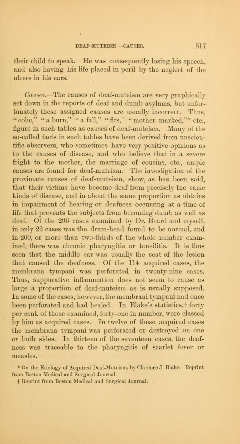 tlieir cliilcl to speak. He was consequently losing liis speech, and also having his life placed in peril by the neglect of the ulcers in his ears. Causes.—The causes of deaf-muteism are very graphically set down in the reports of deaf and dumb asylums, but unfor- tunately these assigned causes are usually incorrect. Thus, cohc, a burn,  a fall, fits, mother marked,* etc., figure in such tables as causes of deaf-muteism. Man}- of the so-called facts in such tables have been derived from unscien- tific observers, who sometimes have very positive opinions as to the causes of disease, and who believe that in a severe flight to the mother, the marriage of cousins, etc., ample causes are found for deaf-muteism. The investigation of the proximate causes of deaf-muteism, show, as has been said, that their victims have become deaf from precisely the same kinds of disease, and in about the same proportion as obtains in impairment of hearing or deafness occurring at a time of life that prevents the subjects from becoming dumb as well as deaf. Of the 296 cases examined by Dr. Beard and myself, in only 22 cases was the drum-head found to be normal, and in 200, or more than two-thirds of the whole number exam- ined, there was chronic pharyngitis or tonsilitis. It is thus seen that the middle ear was usually the seat of the lesion that caused the deafness. Of the 114 acquired cases, the membrana tympani was perforated in twenty-nine cases. Thus, suppurative inflammation does not seem to cause as large a proportion of deaf-muteism as is usually supposed. In some of the cases, however, the membrani tympani had once been perforated and had healed. In Blake's statistics,!' forty per cent, of those examined, forty-one in number, were classed by him as acquired cases. In twelve of these acquired cases the membrana tympani was perforated or destroyed on one or l)oth sides. In thirteen of the seventeen cases, the deaf- ness was traceable to the j)haryngitis of scarlet fever or measles. * On the Etiology of Acquired Deaf-Muteism, by Clarence J. Blake. Reprint from Boston Medical and Surgical Journal, f Reprint from Boston Medical and Surgical Journal.