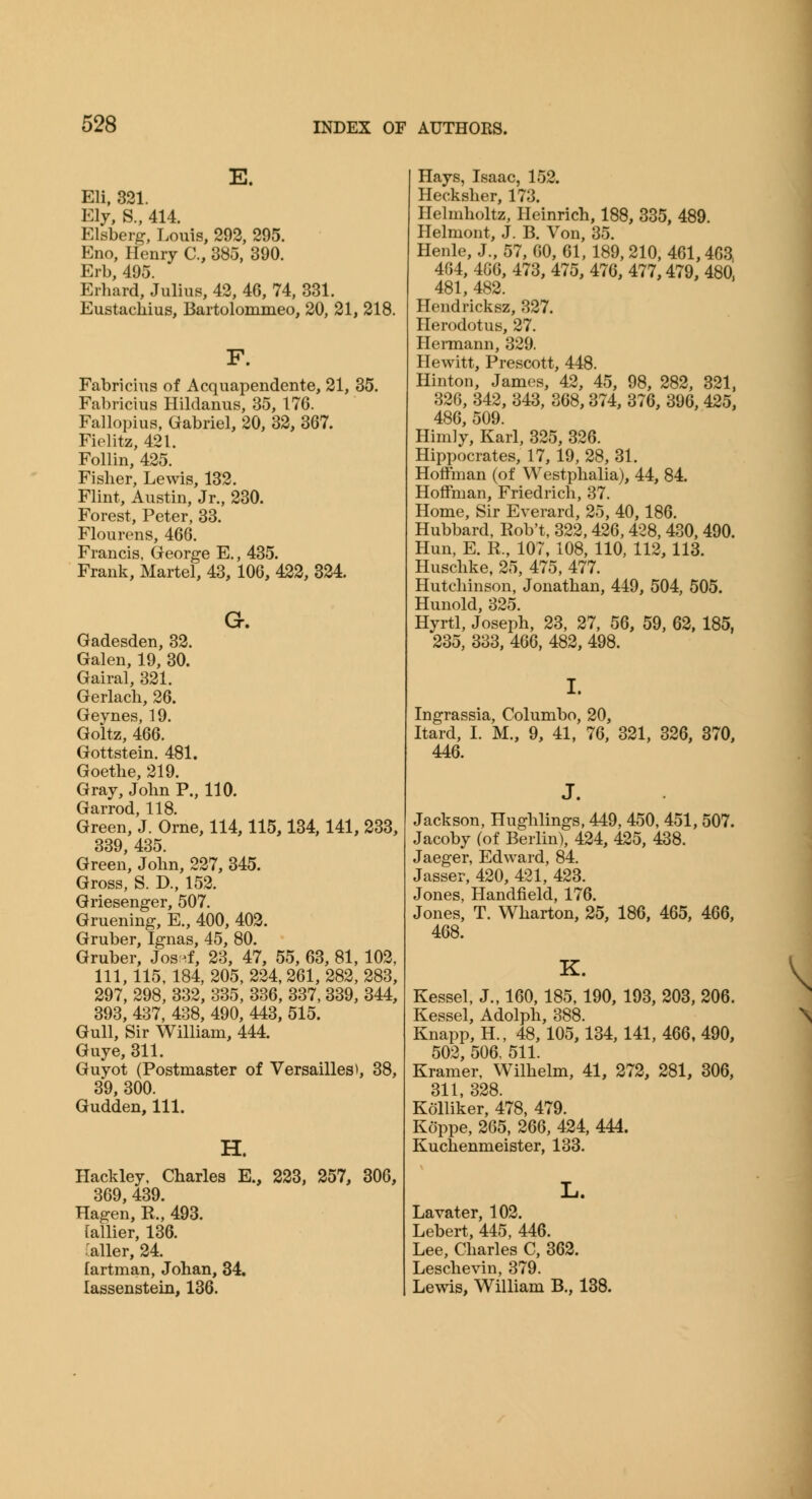 E Eli, 321. Ely, S., 414. Elsberg, Louis, 292, 295. Eno, Henry C, 385, 390. Erb, 495. Erhard, Julius, 42, 46, 74, 331. Eustachius, Bartolommeo, 20, 21, 218. F. Fabricius of Acquapendente, 21, 35. Fabricius Hildanus, 35, 176. Fallopius, Gabriel, 20, 32, 367. Fielitz, 421. Follin, 425. Fisher, Lewis, 132. Flint, Austin, Jr., 230. Forest, Peter, 33. Flourens, 466. Francis, George E., 435. Frank, Martel, 43, 106, 422, 324. Gadesden, 32. Galen, 19, 30. Gairal, 321. Gerlach, 26. Geynes, 19. Goltz, 466. Gottstein. 481. Goethe, 219. Gray, John P., 110. Garrod, 118. Green, J. Orne, 114,115,134,141, 233, 339, 435. Green, John, 227, 345. Gross, S. D., 152. Griesenger, 507. Gruening, E., 400, 402. Gruber, Ignas, 45, 80. Gruber, Jos-f, 23, 47, 55, 63, 81, 102, 111, 115, 184, 205, 224, 261, 282, 283, 297, 298, 332, 335, 336, 337, 339, 344, 393, 437, 438, 490, 443, 515. Gull, Sir William, 444. Guye, 311. Guyot (Postmaster of Versailles), 38, 39, 300. Gudden, 111. H. Ilackley, Charles E., 223, 257, 306, 369, 439. Hagen, R., 493. [allier, 136. Waller, 24. lartman, Johan, 34. lassenstein, 136. Hays, Isaac, 152. Hecksher, 173. Hehnholtz, Heinrich, 188, 335, 489. Helmont, J. B. Von, 35. Henle, J., 57, 60, 61, 189, 210, 461,463 404, 406, 473, 475, 476, 477,479, 480. 481, 482. Hendricksz, 327. Herodotus, 27. Hennann, 329. Hewitt, Prescott, 448. Hinton, Jam(!s, 42, 45, 98, 282, 321, 326, 342, 343, 368,374, 376, 396, 425, 486, 509. Himly, Karl, 325, 326. Hippocrates, 17, 19, 28, 31. Hoffman (of Westphalia), 44, 84. Hoffman, Friedrich, 37. Home, Sir Everard, 25, 40,186. Hubbard, Rob't, 322,426,428,430,490. Hun, E. R., 107, 108, 110, 112, 113. Huschke, 25, 475, 477. Hutchinson, Jonathan, 449, 504, 505. Hunold, 325. Hyrtl, Joseph, 23, 27, 56, 59, 62, 185, 235, 333, 466, 482, 498. I. Ingrassia, Columbo, 20, Itard, I. M., 9, 41, 76, 321, 326, 370, 446. Jackson, Hughlings, 449, 450, 451,507. Jacoby (of Berlin), 424, 425, 438. Jaeger, Edward, 84. Jasser, 420, 431, 423. Jones, Handfield, 176. Jones, T. Wharton, 25, 186, 465, 466, 468. K. Kessel, J., 160, 185, 190, 193, 203, 206. Kessel, Adolph, 388. Knapp, H., 48,105,134,141, 466, 490, 502, 506. 511. Kramer. Wilhelm, 41, 272, 281, 306, 311, 328. Kolliker, 478, 479. Koppe, 265, 266, 424, 444. Kuchenmeister, 133. L. Lavater, 102. Lebert, 445, 446. Lee, Charles C, 362. Leschevin, 379. Lewis, William B., 138.