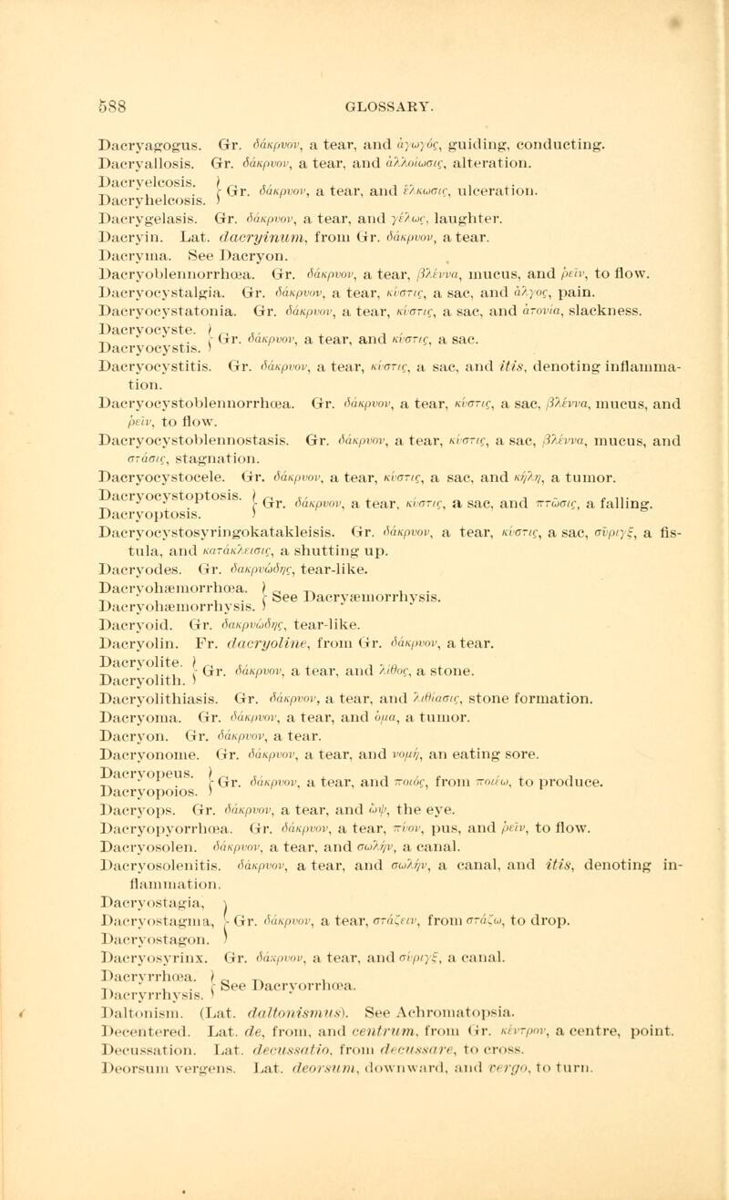 Dacryagogus. Gr. daitpvov, a tear, and ayuy6g, guiding, conducting. Dacryallosis. Gr. dattpvov, a tear, and a22oiuatg, alteration. Dacryelcosis. | ~ ,, , .. , ,. _ , . . f Gr. oaapvov, a tear, and e/kwatr ulceration. Dacryhelcosis. ) Dacrygelasis. Gr. daupvov, a tear, and yelug, laughter. Dacryin. Lat. dacryinum, from Gr. daupvov, a tear. Dacryma. See Dacryon. Dacryoblennorrhoea. Gr. daupvov, a tear, (ilkvva., mucus, and pelv, to flow. Dacryocystalgia. Gr. daupvov, a tear, kvgtlq, a sac, and akyog, pain. Dacryocystatonia. Gr. daupvov, a tear, Kvong, a sac, and arovia, slackness. Dacryocyste. | _ ,, , , —. ,. r Gr. daupvov a tear, and kvotiq a sac. Dacryocystis. ) Dacryocystitis. Gr. daupvov, a tear, nvang, a sac, and £££s, denoting inflamma- tion. Dacryocystoblennorrhoea. Gr. daupvov, a tear, Kvorig, a sac, (itevva, mucus, and peiv, to flow. Dacryocystoblennostasis. Gr. ddicpvov, a tear, nvorig, a sac, jlltwa, mucus, and ardaig, stagnation. Dacryocystocele. Gr. daupvov, a tear, icvang, a sac, and */)/;/, a tumor. aciyocjs op j . / ^r ^ a tear K'vaTir^ a sac, and ktuoiq, a falling. Dacryoptosis. ) Dacryocystosyringokatakleisis. Gr. daupvov, a tear, n'vang, a sac, ovpiy^, a fis- tula, and naTanleAoiq, a shutting up. Dacryodes. Gr. daupvadr/g, tear-like. Dacrvohsemorrhoea. ) „ ^ , . T. , . . f See Dacrvamiorrhysis. Dacryonaemorrnysis. ) Dacryoid. Gr. dmpvudtjg, tear-like. Dacryolin. Fr. dacryoline, from Gr. ddicpvov, a tear. Dacryolite. | ~ ,, -, -,//, ,-. • ..,, i Gr. daupvov, a tear, and Judog, a stone. Dacryohth. ) Dacryolithiasis. Gr. daupvov, a tear, and Tudiaaig, stone formation. Dacryoma. Gr. daupvov, a tear, and b/ia, a tumor. Dacryon. Gr. ddicpvov, a tear. Dacryonome. Gr. ddicpvov, a tear, and vop.ii, an eating sore. Dacrvopeus. \ ~ ,, , , e , , ^ J l . r Gr. daicpvov, a tear, and iroiog, from koieu, to produce. Dacryopoios. J Dacryops. Gr. daupvov, a tear, and <ji/>, the eye. Dacryopyorrhoea. Gr. ddicpvov, a tear, t/w, pus, and peiv, to flow. Dacryosolen. ddicpvov, a tear, and cukijv, a canal. Dacryosolenitis. daupvov, a tear, and aulyv, a canal, and iY«s, denoting in- flammation. Dacryostagia, \ Dacryostagma, > Gr. daupvov, a tear, crd^eiv, from ffrdfa), to drop. Dacryostagon. ) Dacryosyiinx. Gr. ddicpvov, a tear, and'/};, a canal. Dacryrrhoea. ? ,-, -^ T T. , . r See Dacrvorrlura. I >acryrrnysis. ' Daltonism. (Lat. daltonism?is). See Achromatopsia. Decentered. Lat. de, from, and centrum, from Gr. iclvrpov, a centre, point. Decussation. Lat. decussatio. from decussare, to cross. Deorsum vergens. Lat. deorsum, downward, and vergo, to turn.