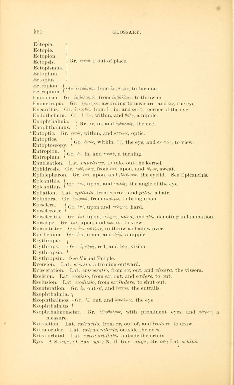 Ectopia. Ectopie. Ectopion. Ectopsis. j- Gr. tKroKOQ, out of place. Ectopisnius Ectopium. Ectopius. _. . . ' f Gr. eKTfioTriov from hTpeneiv to turn out. Ectropium. ) Embolism. Gr. epjioAtapog, from kp flak-few, to throw in. Emmetropia. Gr. eppsTpoq, according to measure, and tty, the eye. Encanthis. Gr. h/Kavtiic, from ev, in, and navdog, corner of the eye. Endothelium. Gr. tvdov, within, and 6i?M, a nipple. Enophthalmia. J. Qr -,. , and ..^^ tfae eye Enophthahnus. ) Entoptic. Gr. kvrog, within, and bnriKdg, optic. Entoptics. | . . ... . „ , . _, , , r Gr. fiT«r, within, wi/1, the eye, and aKanew, to view. Entoptoscopy. ) J ' Entropion. \ „ , _. , . - Gr. fc, in, and room], a turning:. Lntropmm. ) Enucleation. Lat. enucleare, to take out the kernel. Ephidrosis. Gr. fyidptoaig, from £?', upon, and idpug, sweat. Epiblepharon. Gr. ini, upon, and flfetyapov, the eyelid. See Epicanthis. „ . [ Gr. £7T'-, upon, and xavfior the angle of the eve. Epicanthus. ' ^ Epilation. Lat. epit'atio, from e priv., and pilus, a hair. Epiphora. Gr. eirubopd, from kmtykpw, to bring upon. Episelera. ) Gr ^ n^Qn and aK%vp6^ ^ard. Episclerotic. ) Episcleritis. Gr. inl, upon, oKA-qpoq, hard, and itis, denoting inflammation. Episcope. Gr. eni, upon, and okottbIv, to view. Episcotister. Gr. iirioKoHfriv, to throw a shadow over. Epithelium. Gr. km, Upon, and Orjfe], a nipple. Erythropia. \ Erythrops. [■ Gr. eptidp6c, red, and biptg, vision. Erythropsia. ) Erythropsin. See Visual Purple. Eversion. Lat. eversio, a turning outward. Evisceration. Lat. eviseeratio, from ex, out, and viscera, the viscera. Excision. Lat. excisio, from ex, out, and ecedere, to cut. Exclusion. Lat. exclusio, from excludere, to shut out. Exenteration. Gr. £?, out of, and ivrepa, the entrails. Exophthalmia. \ Exophthalmos. -<ir. £f, out, and b<j>6a}u6g, the eye. Exophthalmus. ) Exophthalmoineter. Gr. kSjoijiOakpog, with prominent eyes, and ukrpov, a measure. Extraction. Lat. extractio, from e#, out of, and trahere, to draw. Extra-ocular. Lat. extra-ocula) ish outside the eyes. Extra-orbital. Lat. extra-orhitalis, outside the orbits. Eye. A-S. cege; O. Sax. oga; N. II. Ger., auge; Gr. <'»/'; Lat. oculus.