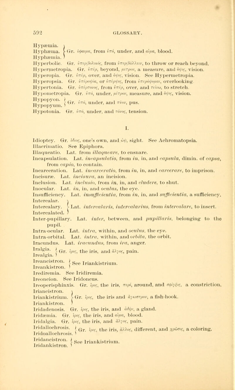 >■ Gr. v(f. Hypaemia. Hyphema. }■ Gr. vtyaifia, from vn6, under, and aifia, blood. Hyphamiia. Hyperbolic. Gr. virepflo?iu<6g, from vnepfiaXlEiv, to throw or reach beyond. Hypernietropia. Gr. vnkp, beyond, fcerpov, a measure, and 6ipig, vision. Hyperopia. Gr. virtp, over, and oipic, vision. See Hypernietropia. Hyperopsia. Gr. vwEpotpia, or vnepipig, from vnepoipopai, overlooking. Hypertonia. Gr. viriprovog, from virep, over, and reivu, to stretch. Hypometropia. Gr. i>7ro, under, perpov, measure, and bipig, vision. Hypopyon. ) „ , . , , . T1 r Gr. vird, under, and irvov, pus. Hypopyum. < Hypotonia. Gr. V7r6, under, and rdvog, tension. I. Idioptcy. Gr. IStog, one's own, and uip, sight. See Achromatopsia. Illaeriinatio. See Epiphora. Illaqueatio. Lat. from illaqueare, to ensnare. Incapsulation. Lat. incapsulatio, from in, in, and capsula, dimin. of capsa, from capio, to contain. Incarceration. Lat. incarceratio, from in, in, and carcerare, to imprison. Incisurae. Lat. incisura, an incision. Inclusion. Lat. inclusio, from in, in, and cludere, to shut. Inocular. Lat. in, in, and oculus, the eye. Insufficiency. Lat. insvfficientia, from in, in, and sufficientia, a sufficiency. Intercalar. \ Intercalary. [■ Lat. intercalaris, inter cedar ins, from intercalate, to insert. Intercalated. ) Inter-pupillary. Lat. inter, between, and pupillaris, belonging to the pupil. Intraocular. Lat. intra, within, and oculus, the eye. Intraorbital. Lat. intra, within, and or&«'to, the orbit. Iracundus. Lat. iracundus, from ira, anger. iralgia. qy j ^e —^ an(j ^yog, pain. Irealgia. ) Ireancistron. ) gee Iriankistrium. Ireankistron. ) Irediremia. See Iridiremia. Ireoncion. See Iridoncus. Ireoperisphinxis. Gr. Ipig, the iris, nepi, around, and <y<piy£ig, a constriction. Iriancistron. \ Iriankistrium. v Gr. Ipig, the iris and aynurrpov, a fish-hook. Iriankistron. ) Iridadenosis. Gr. Ipig, the iris, and adqv, a gland. Iridsemia. Gr. Ipig, the iris, and al/ta, blood. Iridalgia. Gr. ipig, the iris, and akyog, pain. Iridallochrosis. \ qv lp(^ the irig) '^T^g, different, and xpuw, a coloring, Iridoallochrosis. ' Iridancistron. f See Iriankistrium. Iridankistron. J