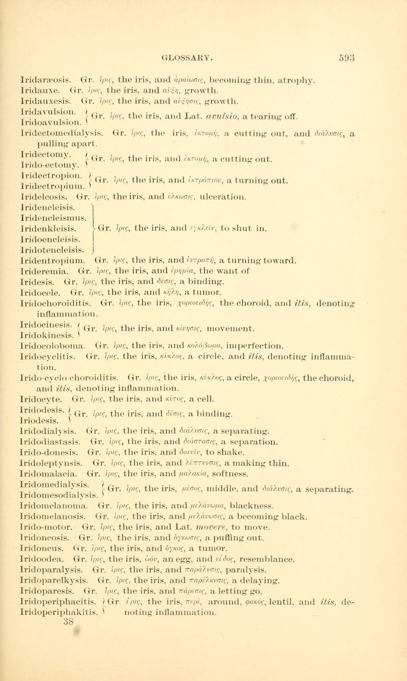 Iridarseosis. <<r. Ipig, the iris, and apaiaotg, becoming thin, atrophy. Iridauxe. Gr. Ipig, the iris, and aity, growth. Iridauxesis. Gr. Ipig, the iris, and abfyoig, growth. Iridavulsion. / Irido.ivulsion. * Gr. '/», the iris, and Lat. avulsio, a tearing off. Gr. Ipig, the iris, and ey/cteZv, to shut in. [ridectomedialysis. Gr. Ipig, the iris, e/cro^, a cutting out, and 6idXvaigt a palling apart. Iridectomy. / (Jr j th(> irjs and ;KTnll^ aeuttingout. Lrido ectomy. ' Iridectropion. } ., . ,, . • , . 1 . . (i r. Iptg, the ins, and enTpamov, a turning out. Lridectropium. ' Iridelcosis. Gr. Iptg, the iris, and e?Muoig, ulceration. Iridencleisis. Iridencleismus. Iridenkleisis. Iridoencleisis. Iridotencleisis. J [ridentropium. Gr. Ipig, the iris, and for pony, a turning toward. Irideremia. Gr. Ipig, the iris, and epq/tia, the want of [ridesis. Gr. Ipig, the iris, and dimg, a binding. Iridocele. Gr. Ipig, the iris, and /.//>'/, a tumor. Iridochoroiditis. Gr. Ipig, the iris, i/«<»/<V, the choroid, and itis, denoting inflammation. iriaocmesis. q.t *l/)(l^ ^ie jrjg an(j Ku,,/nn^ movement. Iridokinesis. ' Iridocoloboma. Gr. Ipig, the iris, and KoMfivfta, imperfection. Iridocyclitis. Gr. Ipig, the iris, m/,/.», a circle, and itis, denoting inflamma- tion. Irido-cyclo choroiditis. Gr. Ipig, the iris, kiwAo?, a circle, a/'5'/f, the choroid, and itis, denoting inflammation. Iridocyte. Gr. Ipig, the iris, and Kirog, a cell. Iridodesis. / (,r lp/^ the iris and j^ a binding. Iriodesis. ' lridodialysis. Gr. Ipig, the iris, and diakvcig, a separating. lridodiastasis. Gr. fy«f, the iris, and diacTaoig, a separation. Irido-donesis. (ir. //>'. the iris, and dovelv, to shake. Iridoleptynsis. Gr. Ipig, the iris, and Xbmmng, a making thin. Iridomalacia. Gr. ipig, the iris, and fiaXaxia, softness. in oinec la \ sis. lQ.Tm ipig^ the iris, p-iaog, middle, and diiXvmg a separating. Iridomesodialysis. ) Iridomelanoma. Gr. Ipig, the iris, and pehavapa, blackness. Iridomelanosis. Gr. Ipig, the iris, and fie2£vuoig, a becoming black. Irido-motor. Gr. Ipig, the iris, and Lat. movere, to move. Iridoncosis. Ur. Ipig, the iris, and bynuoig, a puffing out. Iridoncus. fir. Iptg, the iris, and 6}«>f, a tumor. Iridoodea. Gr. Ipig, the iris, £>6v, an egg, and eidog, resemblance. Iridoparalysis. Gr. Ipig, the iris, and napalvoig, paralysis. Iridoparelkysis. Gr. Ipig, the iris, and irapekKvoig, a delaying. Iridoparesis. Gr. Ipig, the iris, and wdpsoig, a letting go. Iridoperiphacitis. } Gr ipig, the iris. rrepi, around, 0a/«5f, lentil, and itis, de- Iridoperiphakitis. * noting inflammation. 38