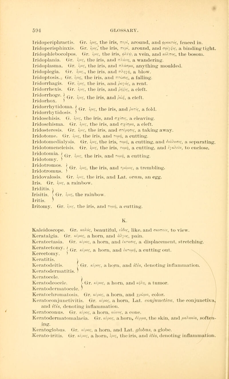 Iridoperiphractis. Gr. Ipig, the iris, mpi, around, and Qpanrug, fenced in. Iridoperisphinxis. Gr. Ipig] the iris, -n-epi, around, and a$iy%ig, a binding tight. Iridophlebocolpos. Gr. Ipig, the iris, tpMtp, a vein, and ndlacog, the bosom. Iridoplania. Gr. Ipig, the iris, and nlavrj, a wandering. Iridoplasma. Gr. Ipig, the iris, and irlavfia, anything moulded. Iridoplegia. Gr. Ipig,, the iris, and ^nyv, a blow. Iridoptosis. Gr. Ipig, the iris, and nrucig, a falling. Iridorrhagis. Gr. Ipig, the iris, and paydg, a rent. Iridorrhexis. Gr. Ipig, the iris, and py%ig, a cleft. Iridorrhoge. ) r, » ,, . . -. , , - . -, T ., , & - Gr. ipig, the iris, and pug, a cleft. Indorhox. ) Iridorrhytidoma. ) r, -> ., . . -, . - t , -, T ., , ,., . r Gr. ipig, the iris, and pvng a fold. lndorrhytidosis. ) Iridoschisis. G. Ipig, the iris, and ox'ioig, a cleaving. Iridoschisma. Gr. </f, the iris, and ax'iopa, a cleft. Iridosteresis. Gr. Ipig, the iris, and orepqaig, a taking away. Iridotome. Gr. ipig, the iris, and ropr/, a cutting. Iridotomedialysis. Gr. ipig, the iris, ropy, a cutting, and fodAwif, a, separating. Iridotomencleisis. Gr. Ipig, the iris, ropr/, a cutting, and eynkelv, to enclose. Iridotomia. I r, ,-. . . ^ , ... ,- Gr. t/wf, the iris, and ro/iw?, a cutting. Iridotomy. ) Iridotromos. ) r, ,, . . -. , , , ,. T . , , - Gr. v3'f- the iris, and rpouog, a trembling. Indotromus. ) Iridovalosis. Gr. ipig, the iris, and Lat. ovum, an egg. Iris. Gr. Ipig, a rainbow. Iriditis. \ Irisitis. [- Gr. Ipig, the rainbow. Iritis. .' Iritomy. Gr. Ipig, the iris, and roprj, a cutting. K. Kaleidoscope. Gr. na?i6g, beautiful, eldog, like, and ononeiv, to view. Keratalgia. Gr. nepag, a horn, and alyog, pain. Keratectasia. Gr. nepag, a horn, and enraaig, a displacement, stretching. Keratectomy. / r< i i • ++• + • - Gr. nepag, a horn, and enropi], a cutting out. Kerectomy. ) Keratitis. \ Keratodeitis. [-Gr. nepag, a horn, and itis, denoting inflammation. Keratodermatitis. ) Keratocele. \ Keratodeocele. - Gr. nipag, a horn, and *>/'/'/, a tumor. Keratodennatocele. ) Keratochromatosis. Gr. nipag, a horn, and xp&pa, color. Keratoconjunctivitis. Gr. nepag, a horn, Lat. conjunctiva, the conjunctiva, and itis, denoting inflammation. Keratoconus. Gr. nipag, a horn, nuvog, a cone. Keratoderinatonialacia. Gr. nipag, aliorn, 6ipp.a, the skin, and pa/ania, soften- ing. Keratoglobus. (ir. nepag, a horn, and Lat. globus, a globe. Kerato-iritis. Gr. nipag, a horn, Ipig, the iris, and itis, denoting inflammation.