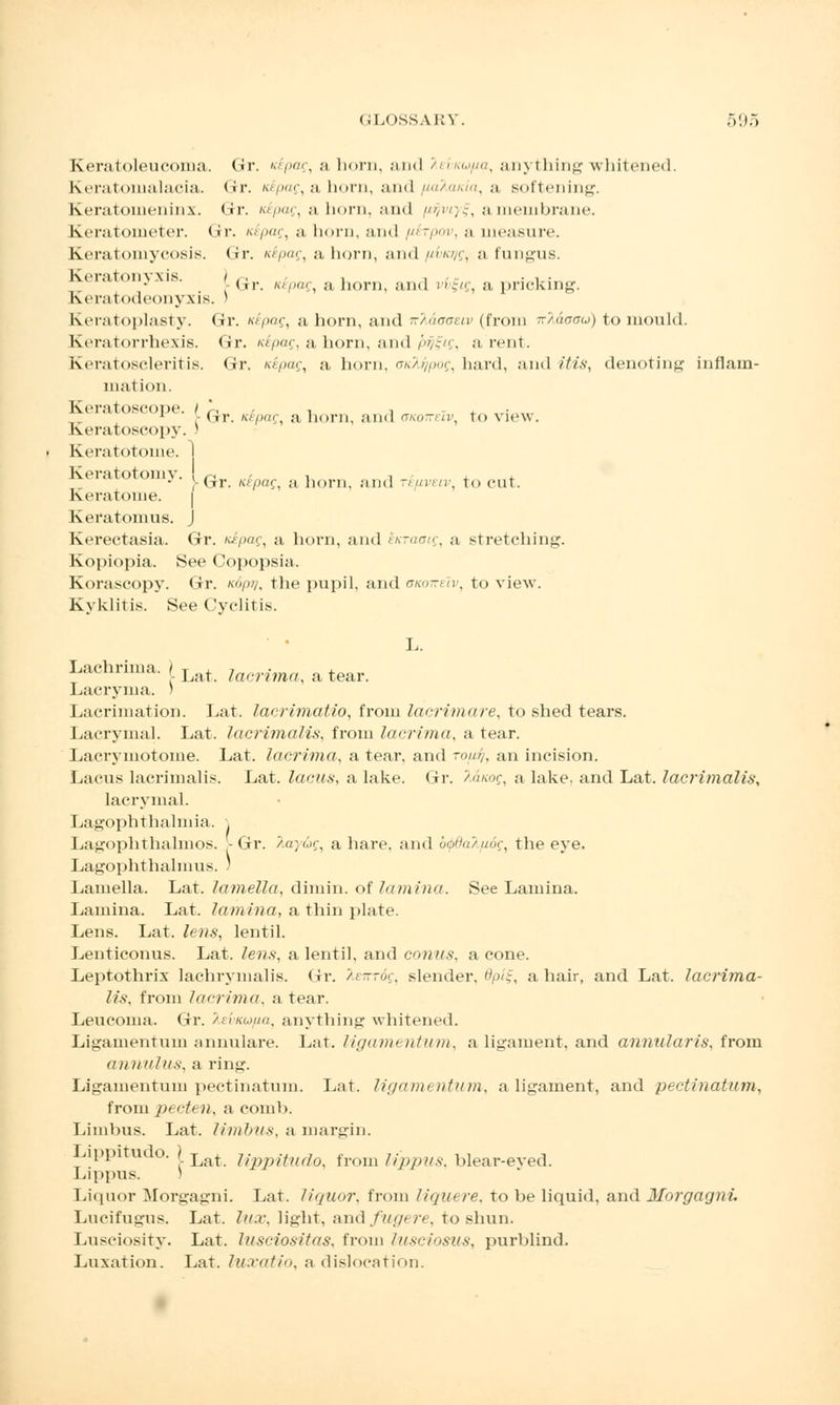 Keratoleucoma. Gr. nkpag, a horn, and AevKu/ia, anything whitened. Keratonialacia. Gr. titpag, a horn, and nalania, a softening. Keratoineninx. (Ir />.'/»><', ;i horn, and //;-:, a membrane. Keratometer. Gr. icepag, a horn, and /lirpov, a measure. Keratomycosis. <ir. K^paf, a horn, and >/.y, ;| fungus. \ci.i onyxis. / (j]. h!/illi^ ;i norn a,„i l/s„ a pricking. Keratodeonyxis. ' Keratoplasty, (ir. />•/;, a horn, and wlaaaeiv (from 7r/id<7<r<j) to mould. Keratorrhexis. (ir. K^pac, a horn, and/>^f, a rent. Keratoseleritis. Gr. a'/»/, a, horn, oKXrjpog, hard, and ///.v, denoting inflain- niat ion. Keratoscope. I *, . . . . „, 1 .- Cxr. nepag a horn, and (T/co7rav, to view. Keratoscopy. ) Keratotome. 1 Keratotomy. ^ Gl. rf ahorn, and r^mv, to cut. Kcratome. Keratomus. J Kerectasia. Gr. >>>/»»;, a horn, and ticTaoig, a stretching. Kopiopia. See Copopsia. Koraseopy. Gr. «<5pj?, tlie pupil, and okottsIv, to view. Kyklitis. See Cyclitis. Lachrima.[Lat tocr£OTO| a tear< Lacryma. » Lacrimation. Lat. lacrimatio, from lacrimare, to shed tears. Lacrymal. Lat. htfrimaiis, from laerima, a tear. Laerymotome. Lat. laerima, a tear, and row?, an incision. Lacus lacrimalis. Lat. lacus, a lake. Gr. ^a/cof, a lake, and Lat. lacrimalis, lacrymal. Lagophthalmia. , Lagophthalmos. - Gr. %ay&g, a hare, and btpdakfi6g, the eye. Lagophthalmus. ) Lamella. Lat. lamella, dimin. of lamina. See Lamina. Lamina. Lat. lamina, a thin plate. Lens. Lat. lens, lentil. Lenticonus. Lat. lens, a lentil, and conus, a cone. Leptothrix lachrymalis. Gr. kenrdg, slender, 0p<f, a hair, and Lat. lacrima- lis, from laerima, a tear. Leucoma. Gr. >/>><<</</. anything whitened. Ligamentum annulare. Lat. ligamentum, a ligament, and annularis, from aii iialits, a ring. Ligamentum pectinatum. Lat. ligami ntum, a ligament, and pectinatum, from pecten, a comb. Limbus. Lat. limbus, a margin. Lippitudo. lLat ];pv;tu<io, from Z&ptM, blear-eyed. Lippus. ) Liquor Morgagni. Lat. liquor, from liquere, to be liquid, and Morgagni. Lucifugus. Lat. la.v, light, and fugere, to shun. Lusciosity. Lat. lusciositas, from lusciosus, purblind. Luxation. Lat. luxatio, a dislocation.