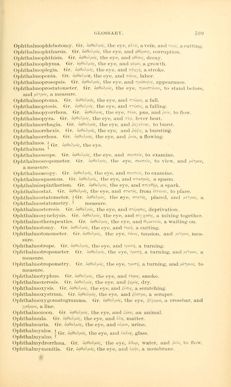 GLOSSARY. .V.t'J Ophthalmophlebotoruy. Gr. b<pdaXu6g, I he eye, '.<>,' i-, :i vein, and -<<///. a cul I ing. Ophthalmophtharsis. Gr. b<f>8a?.[i6g, the eye, and fdapotg, corruption. Ophthalmophthisis. Gr. b<p()aA/wg, the eye. and 00«h?, decay. Ophthalmophyma. Gr. btpdatydg, the eye, and Qvpa, a growth. Ophthalmoplegia. Gr. '<n,tu,/i,,,<-, the eye, and ->/,;//. a stroke. Ophthalmoponia. Gr. b^akp.^ the eye, and wfoog, labor. (Iphthalmoprosopsis. Gr. b0t)a?p6g, t lie eve, and -/xirroi/'/r, appearance. Ophthalinoprostatoiiieter. Gr. b(pflaAp6g, the eye, npo/aTdvai, to stand before, and ,•' rpov, a measure. Opbthalmoptoma. Gr. 6<j>6a2,/i6g, the eye, and irra/ia, a fall. Ophthahnoptosis. Gr. 0<p6aKp6g, the eye, and irrumg, a falling. Ophthalmopyorrhoaa. Gr. b<j>6aAp6g, the eye, irvov, pus, and /»t. to How. Ophthalmopyra. Gr. wfidaApdg, the eye, and nvp, fever heat. Ophthalmorrhagia. Gr. b$dakp.6g, the eye. and piryvvvcu, to burst. ()pht hahnorrliexis. Gr. b<pttaA/i6g, the eye, and Mfrg, a bursting. Ophthalmorrhoea. Gr. fydatydg, the eye, and boia, a flowing. Ophthahuos. )Gt bfidWc, the eye. Ophthalmus. s Ophthalmoscope. Gr. b<pdaAp;6g, the eye, and ononelv, to examine. Ophthalmoscopometer. Gr. b<pdaAp6g, the eye, otcotoZv, to view, and pirpov, a measure. Ophthalmoscopy. Gr. b<j>fia?./i6g, the eye, and OKoneiv, to examine. Ophthalmospasmus. Gr. b&daApoc, the eye, and a-aap6g, a spasm. Ophthalmospintherism. Gr. b<j>6a?>p6g, the eye, and emvdqp, a spark. Ophthalmostat. Gr. bodaApog, the eye, and <7-«-of, from toravat, to place. Ophthalmostatometer. J Gr. b<p0a'Apor, the eye, errarof, placed, and pirpov, a Ophthalmostatometry. ) measure. Ophthalmosteresis. Gr. b^6a2,p6g, the eye, and GTkprimg, deprivation. Ophthalmosynchysis. Gr. btydaXpoc, the eye, and ovyxvoig, a mixing together. Ophthalmotherapeutics. Gr. b<j>6a?M6c, the eye, and Bepaweia, a waiting on. Ophthalmotomy. Gr. b<bBaAp6g, the eye, and to///), a cutting. Ophthalmotonometer. Gr. btjSaA/idg, the eye. r6vog, tension, and perpov, mea- sure. Ophthalmotrope. Gr. bq8alp6g, the eye, and ~i>~'/, a turning. Ophthalmotropometer. Gr. oofta/u<,r, the eye, rponq, a turning, and pirpov, a measure. Ophthalmotropometry. Gr. IxpBaXpdg, the eye, rpojr#, a turning, and pirpeiv, to measure. Ophthahnotyphus. Gr. b<pdalp6g, the eye, and rvfyog, smoke. Ophthahuoxerosis. Gr. wjfialfidg, the eye, and dvpog, dry. Ophthalmoxysis. Gr. votia'/noc, the eye. and gvmg, a scratching. Ophthalmoxystrum. Gr. wpdakpdg, the eye, and i-vorpa, a scraper. Ophthalmoxygomatogramma. Gr. b$(iXp6g, the eye, i-vyopa, a crossbar, and '. a line. Ophthalmozoon. Gr. b<p8al[i6g, the eye, and Cwm-, an animal. Ophthalmula. Gr. b<pdaApog, the eye, and (/>/, matter. Ophthalmuria. Gr. btydaApog, the eye, and oiipov, urine. Ophthalmyalos. 3 Gr -0^>uof the and -fi;0^ glagg Ophthalmyalus. 1 Ophthalmydrorrhoea. Gr. b<p0a?.p6g, the eye, w'u/), water, and petv, to flow. Ophthahnymenitis. Gr. boda/pog, the eye, and S>/u#v, a membrane.