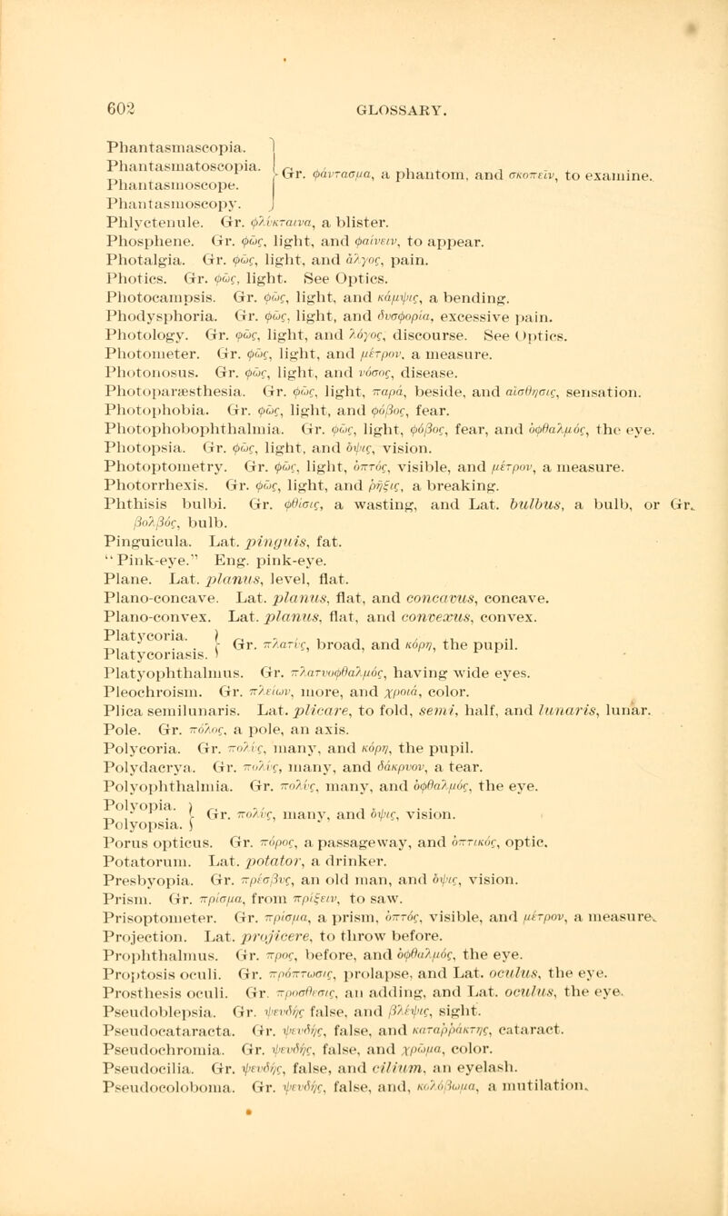 -Gr. (pavraopa, a phantom, and mcowelv, to examine. Phantasmascopia. Phantasinatoscopia. Phantasmoscope. Phantasmoscopy. Phlyctenule. Gr. favia-aiva,, a blister. Phosphene. Gr. (pug, light, and (paivsiv, to appear. Photalgia. Gr. (pug, light, and alyog, pain. Photics. Gr. (pug, light. See Optics. Photocampsis. Gr. (pug, light, and K&pipig, a bending. Phodysphoria. Gr. (pug, light, and 6va<popia, excessive pain. Photology. Gr. fug, light, and Adyog, discourse. See Optics. Photometer. Gr. (pug, light, and perpov, a measure. Photonosus. Gr. (pug, light, and vdaog, disease. Photoparaesthesia. Gr. (pug, light, -irapa, beside, and aladrjaig, sensation. Photophobia. Gr. (pug, light, and (pbjiog, fear. Photophobophthalmia. Gr. (pug, light, (p6/3og, fear, and byOahpog, the eye. Photopsia. Gr. (pug, light, and dipig, vision. Photoptometry. Gr. (pug, light, birrog, visible, and perpov, a measure. Photorrhexis. Gr. (pug, light, and Mi'C, a breaking. Phthisis bulbi. Gr. (pdicig, a wasting, and Lat. bulbus, a bulb, or Gr.. f3o?.{36g, bulb. Pinguicula. Lat. pinguis, fat. Pink-eye. Eng. pink-eye. Plane. Lat. planus, level, flat. Plano-concave. Lat. planus, flat, and concavus, concave. Plano-convex. Lat. planus, flat, and convexus, convex. Platycoria. } ^, - ■ % j , , ,, ., „, ,J . . f Gr. TT/.arvg broad, and nopy the pupil. Platycoriasis. > Platyophthalnius. Gr. n7uiTvo(pdaAp6g, having wide eyes. Pleochroism. Gr. irAeluv, more, and XP01^, color. Plica semilunaris. Lat. plicate, to fold, semi, half, and lunaris, lunar. Pole. Gr. nd'Aog, a pole, an axis. Polycoria. Gr. KoAvg, many, and xoprj, the pupil. Polydacrya. Gr. noAvg, many, and danpvov, a tear. Polyophthalmia. Gr. iroAvg, many, and b<pdalp6g, the eye. Polyopia. ) „ -. , „ , t. , . > Gr. TroAvg, many, and ofig, vision. Polyopsia. ) Porus opticus. Gr. irSpog, a passageway, and 6-riKog, optic. Potatorum. Lat. potator, a drinker. Presbyopia. Gr. irpeofivg, an old man, and 6ipig, vision. Prism. Gr. Trpiapa, from rrpi^etv, to saw. Prisoptometer. Gr. ~pio//a, a prism, birrdg, visible, and perpov, a measure. Projection. Lat. projicere, to throw before. Prophthalmus. Gr. -pog, before, and bpfiaApog, the eye. Proptosis oculi. Gr. npdivTuoig, prolapse, and Lat. oculus, the eye. Prosthesis oculi. Gr. KpocQetng, an adding, and Lat. oculus, the eye. Pseudoblepsia. Gr. ipevdfc false, and (17efig, sight. Pseudocataracta. Gr. ijjevdfc, false, and w(Topp(i»(7;/f, cataract. Pseudochromia. Gr. ipevdtig, false, and xpupa, color. Pseudocilia. Gr. V'f'V, false, and ciliinn. an eyelash. Pseudocoloboma. Gr. i/,fr<%, false, and, KoM/Su/ia, a mutilation.