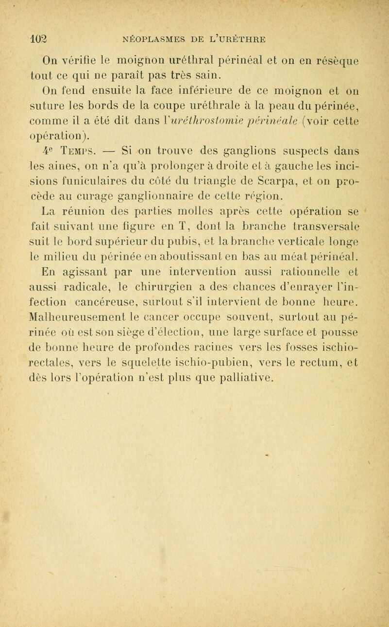 On vérifie le moignon uréthral périnéal et on en résèque tout ce qui ne paraît pas très sain. On fend ensuite la face inférieure de ce moignon et on suture les bords de la coupe uréthrale à la peau du périnée, comme il a été dit dans Yuréthrostomie périnéale (voir cette opération). 4e Temps. — Si on trouve des ganglions suspects dans les aines, on n'a qu'à prolonger à droite et à gauche les inci- sions funiculaires du côté du triangle de Scarpa, et on pro- cède au curage ganglionnaire de cette région. La réunion des parties molles après cette opération se fait suivant une figure en T, dont la branche transversale suit le bord supérieur du pubis, et la branche verticale longe le milieu du périnée en aboutissant en bas au méat périnéal. En agissant par une intervention aussi rationnelle et aussi radicale, le chirurgien a des chances d'enrayer l'in- fection cancéreuse, surtout s'il intervient de bonne heure. Malheureusement le cancer occupe souvent, surtout au pé- rinée où est son siège d'élection, une large surface et pousse de bonne heure de profondes racines vers les fosses ischio- rectales, vers le squelette ischio-pubien, vers le rectum, et dès lors l'opération n'est plus que palliative.