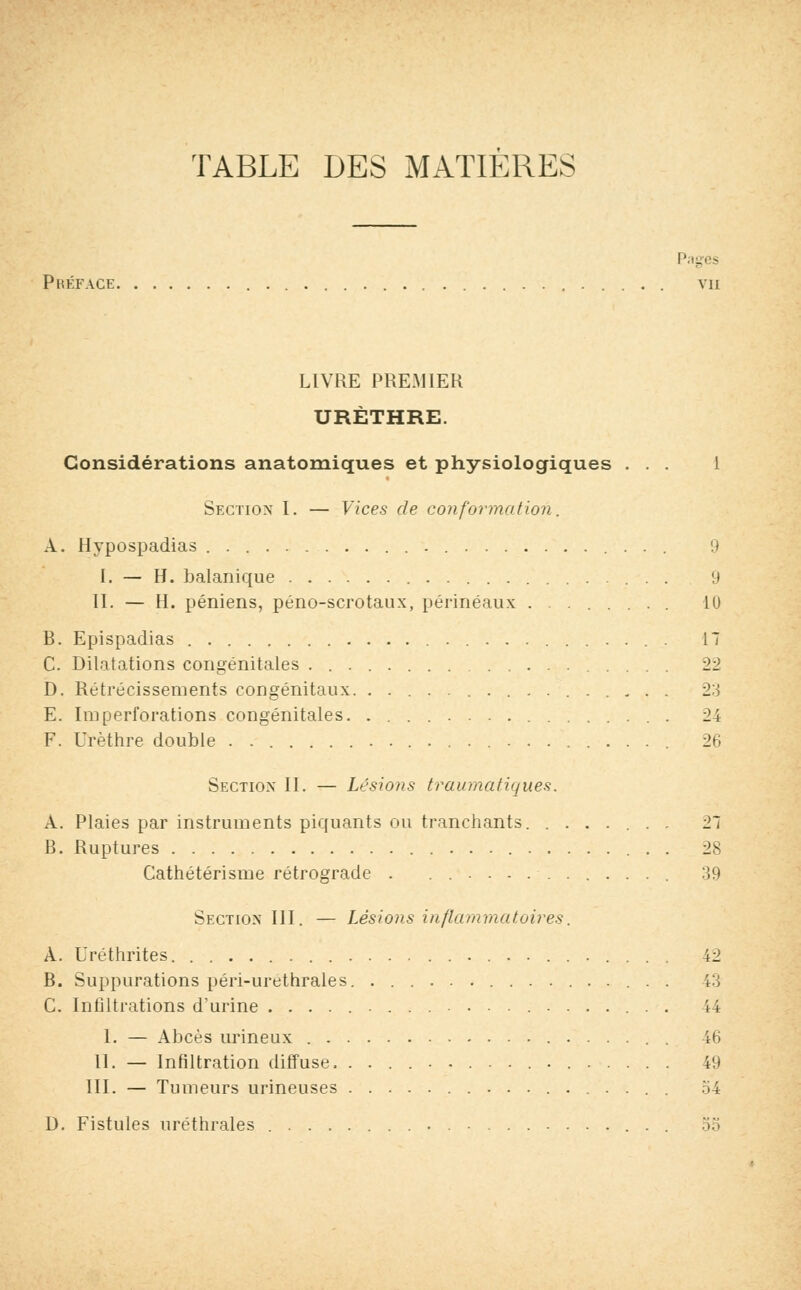 TABLE DES MATIERES Pages Préface vu LIVRE PREMIER URÈTHRE. Considérations anatomiques et physiologiques ... 1 Section I. — Vices de conformation, A. Hypospadias 9 I. — H. balanique 9 II. — H. péniens, péno-scrotaux, périnéaux ........ 10 B. Epispadias 17 C. Dilatations congénitales 22 D. Rétrécissements congénitaux. ................ 23 E. Im perforations congénitales 24 F. Urèthre double . 26 Section II. — Lésions traumatiques. A. Plaies par instruments piquants ou tranchants 21 B. Ruptures 28 Cathétérisme rétrograde . . 39 Section III. — Lésions inflammatoires. À. Uréthrites 42 B. Suppurations péri-urethrales. ................ 43 C. Infiltrations d'urine 44 I. — Abcès urineux 46 11. — Infiltration diffuse 49 III. — Tumeurs urineuses 54 D. Fistules uréthrales 55