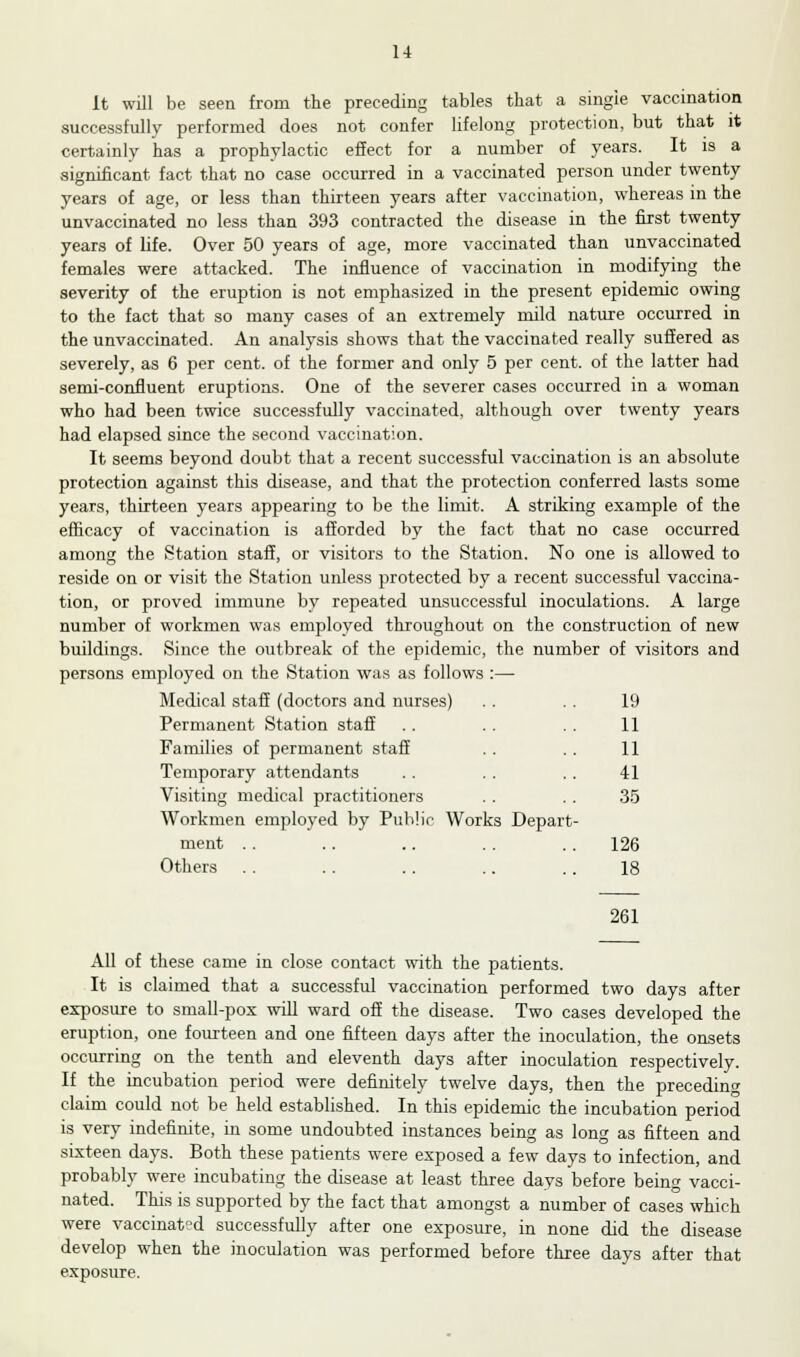 It will be seen from the preceding tables that a single vaccination successfully performed does not confer lifelong protection, but that it certainly has a prophylactic effect for a number of years. It is a significant fact that no case occurred in a vaccinated person under twenty years of age, or less than thirteen years after vaccination, whereas in the unvaccinated no less than 393 contracted the disease in the first twenty years of life. Over 50 years of age, more vaccinated than unvaccinated females were attacked. The influence of vaccination in modifying the severity of the eruption is not emphasized in the present epidemic owing to the fact that so many cases of an extremely mild nature occurred in the unvaccinated. An analysis shows that the vaccinated really suffered as severely, as 6 per cent, of the former and only 5 per cent, of the latter had semi-confluent eruptions. One of the severer cases occurred in a woman who had been twice successfully vaccinated, although over twenty years had elapsed since the second vaccination. It seems beyond doubt that a recent successful vaccination is an absolute protection against this disease, and that the protection conferred lasts some years, thirteen years appearing to be the limit. A striking example of the efficacy of vaccination is afforded by the fact that no case occurred among the Station staff, or visitors to the Station. No one is allowed to reside on or visit the Station unless protected by a recent successful vaccina- tion, or proved immune by repeated unsuccessful inoculations. A large number of workmen was employed throughout on the construction of new buildings. Since the outbreak of the epidemic, the number of visitors and persons employed on the Station was as follows :— Medical staff (doctors and nurses) .. .. 19 Permanent Station staff .. .. .. 11 Families of permanent staff . . . . 11 Temporary attendants .. . . .. 41 Visiting medical practitioners .. .. 35 Workmen employed by Public Works Depart- ment . . .. .. .. .. 126 Others .. .. .. .. .. 18 261 All of these came in close contact with the patients. It is claimed that a successful vaccination performed two days after exposure to small-pox will ward off the disease. Two cases developed the eruption, one fourteen and one fifteen days after the inoculation, the onsets occurring on the tenth and eleventh days after inoculation respectively. If the incubation period were definitely twelve days, then the preceding claim could not be held established. In this epidemic the incubation period is very indefinite, in some undoubted instances being as long as fifteen and sixteen days. Both these patients were exposed a few days to infection, and probably were incubating the disease at least three days before being vacci- nated. This is supported by the fact that amongst a number of cases which were vaccinated successfully after one exposure, in none did the disease develop when the inoculation was performed before three days after that exposure.