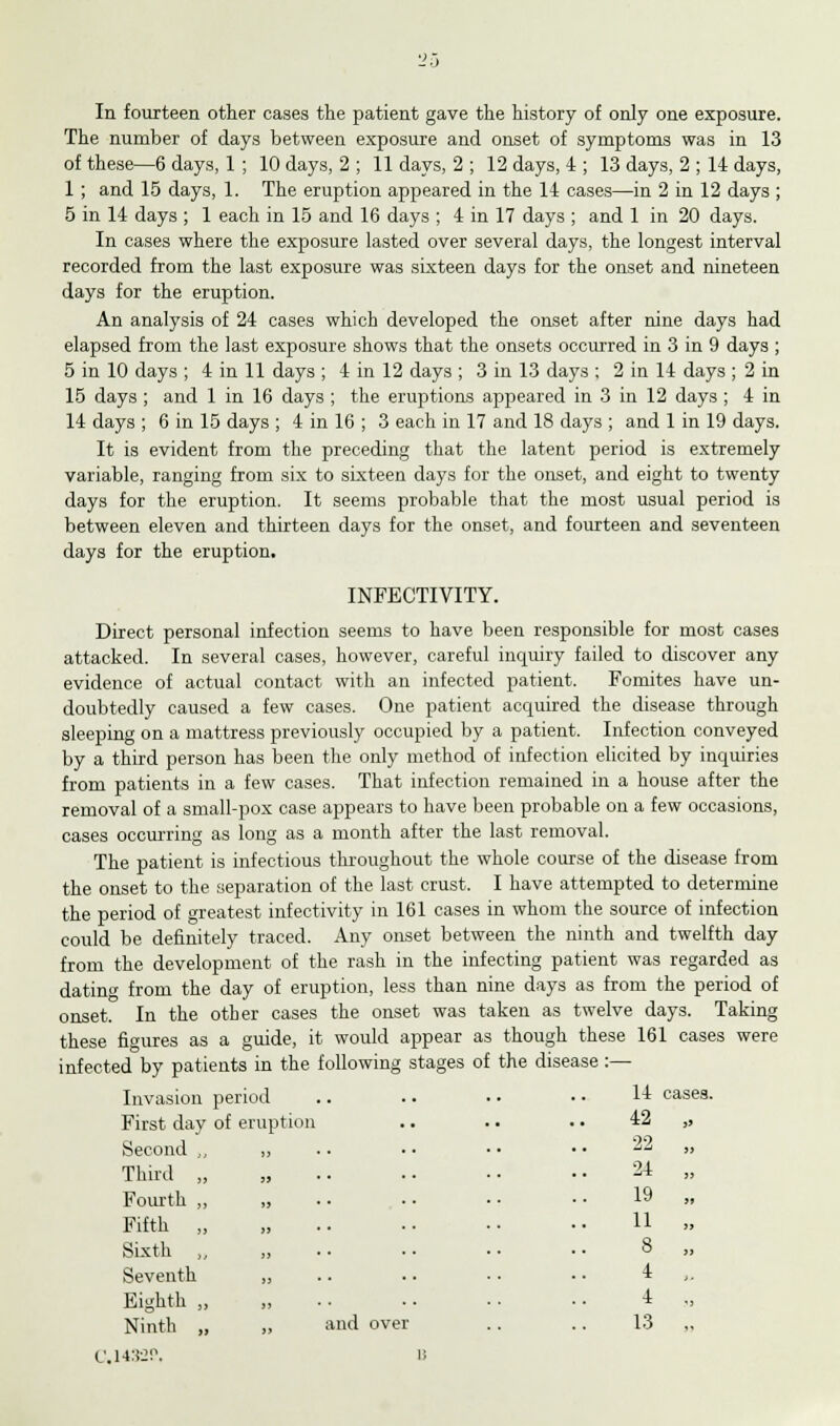 In fourteen other cases the patient gave the history of only one exposure. The number of days between exposure and onset of symptoms was in 13 of these—6 days, 1 ; 10 days, 2 ; 11 days, 2 ; 12 days, 4 ; 13 days, 2 ; 14 days, 1 ; and 15 days, 1. The eruption appeared in the 14 cases—in 2 in 12 days ; 5 in 14 days ; 1 each in 15 and 16 days ; 4 in 17 days ; and 1 in 20 days. In cases where the exposure lasted over several days, the longest interval recorded from the last exposure was sixteen days for the onset and nineteen days for the eruption. An analysis of 24 cases which developed the onset after nine days had elapsed from the last exposure shows that the onsets occurred in 3 in 9 days ; 5 in 10 days ; 4 in 11 days ; 4 in 12 days ; 3 in 13 days ; 2 in 14 days ; 2 in 15 days ; and 1 in 16 days ; the eruptions appeared in 3 in 12 days ; 4 in 14 days ; 6 in 15 days ; 4 in 16 ; 3 each in 17 and 18 days ; and 1 in 19 days. It is evident from the preceding that the latent period is extremely variable, ranging from six to sixteen days for the onset, and eight to twenty days for the eruption. It seems probable that the most usual period is between eleven and thirteen days for the onset, and fourteen and seventeen days for the eruption. INFECTIVITY. Direct personal infection seems to have been responsible for most cases attacked. In several cases, however, careful inquiry failed to discover any evidence of actual contact with an infected patient. Fomites have un- doubtedly caused a few cases. One patient acquired the disease through sleeping on a mattress previously occupied by a patient. Infection conveyed by a third person has been the only method of infection elicited by inquiries from patients in a few cases. That infection remained in a house after the removal of a small-pox case appears to have been probable on a few occasions, cases occurring as long as a month after the last removal. The patient is infectious throughout the whole course of the disease from the onset to the separation of the last crust. I have attempted to determine the period of greatest infectivity in 161 cases in whom the source of infection could be definitely traced. Any onset between the ninth and twelfth day from the development of the rash in the infecting patient was regarded as datin» from the day of eruption, less than nine days as from the period of onset. In the other cases the onset was taken as twelve days. Taking these fio-ures as a guide, it would appear as though these 161 cases were infected by patients in the following stages of the disease :— Invasion period .. .. • • • • H cases. First day of eruption .. . • • • 42 „ Second „ ,, .. • • • • • •  » 24 „ 19 „ 11 „ 8 „ 4 ,. 4 „ Ninth „ „ and over .. .. 13 „ C.1432P. B Third ,, Fourth ,. Fifth , Sixth , Seventh Eighth ,