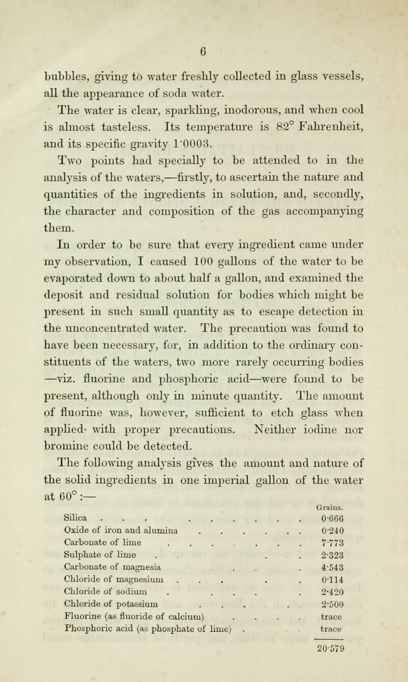 bubbles, giving to water fresbly collected in glass vessels, all tbe appearance of soda water. Tbe water is clear, sparkling, inodorous, and wben cool is almost tasteless. Its temperature is 82° Fahrenheit, and its specific gravity 1'0003. Two points had specially to be attended to in the analysis of the waters,—firstly, to ascertain the nature and quantities of the ingredients in solution, and, secondly, the character and composition of the gas accompanying them. In order to be sure that every ingredient came under my observation, I caused 100 gallons of the water to be evaporated down to about half a gallon, and examined the deposit and residual solution for bodies which might be present in such small quantity as to escape detection in the unconcentrated water. The precaution was found to have been necessary, for, in addition to the ordinary con- stituents of the waters, two more rarely occurring bodies —viz. fluorine and phosphoric acid—were found to be present, although only in minute quantity. The amount of fluorine was, however, sufficient to etch glass when applied- with proper precautions. Neither iodine nor bromine could be detected. The following analysis gives the amount and nature of the solid ingredients in one imperial gallon of the water at 60°:— Grains. Silica ... .... 0-666 Oxide of iron and alumina . . 0-240 Carbonate of lime ... 7773 Sulphate of lime 2-323 Carbonate of magnesia 4-543 Chloride of magnesium ... - . 0-114 Chloride of sodium . ... 2-420 Chloride of potassium . . , 2-500 Fluorine (as fluoride of calcium) trace Phosphoric acid (as phosphate of lime,) j . trace 20-579