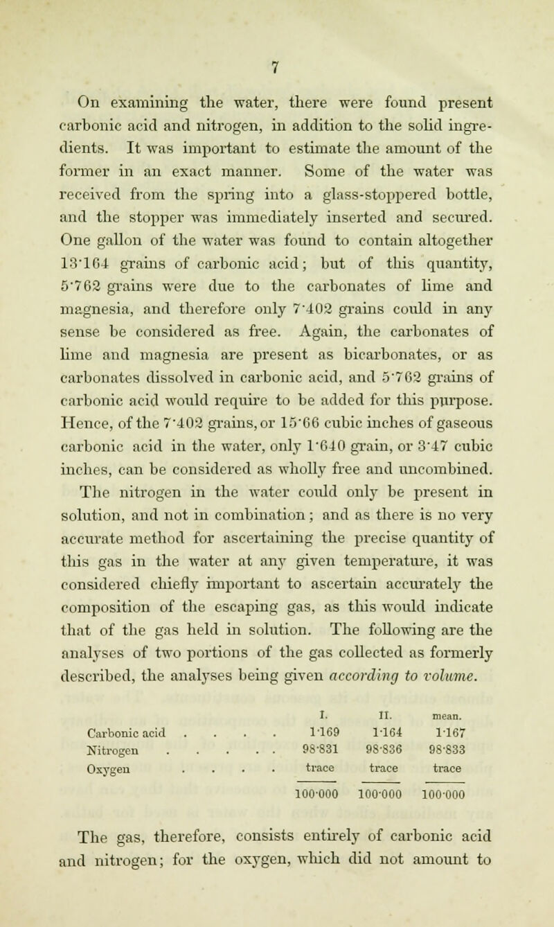 On examining the water, there were found present carbonic acid and nitrogen, in addition to the solid ingre- dients. It was important to estimate the amount of the former in an exact manner. Some of the water was received from the spring into a glass-stoppered bottle, and the stopper was immediately inserted and secured. One gallon of the water was found to contain altogether 13'104 grains of carbonic acid; but of this quantity, 5'762 grains were due to the carbonates of lime and magnesia, and therefore only 7-402 grains could in any sense be considered as free. Again, the carbonates of lime and magnesia are present as bicarbonates, or as carbonates dissolved in carbonic acid, and 5'762 grains of carbonic acid would require to be added for this purpose. Hence, of the 7'402 grains, or 15'66 cubic inches of gaseous carbonic acid in the water, only 1'640 grain, or 3'47 cubic inches, can be considered as wholly free and uncombined. The nitrogen in the water could only be present in solution, and not in combination ; and as there is no very accurate method for ascertaining the precise quantity of this gas in the water at any given temperature, it was considered chiefly important to ascertain accurately the composition of the escaping gas, as this would indicate that of the gas held in solution. The following are the analyses of two portions of the gas collected as formerly described, the analyses being given according to volume. Carbonic acid Nitrogen Oxygen I. II. mean. 1-169 1-164 1-167 98-831 98-836 98-833 trace trace trace 100-000 100-000 100-000 The gas, therefore, consists entirely of carbonic acid and nitrogen; for the oxygen, which did not amount to
