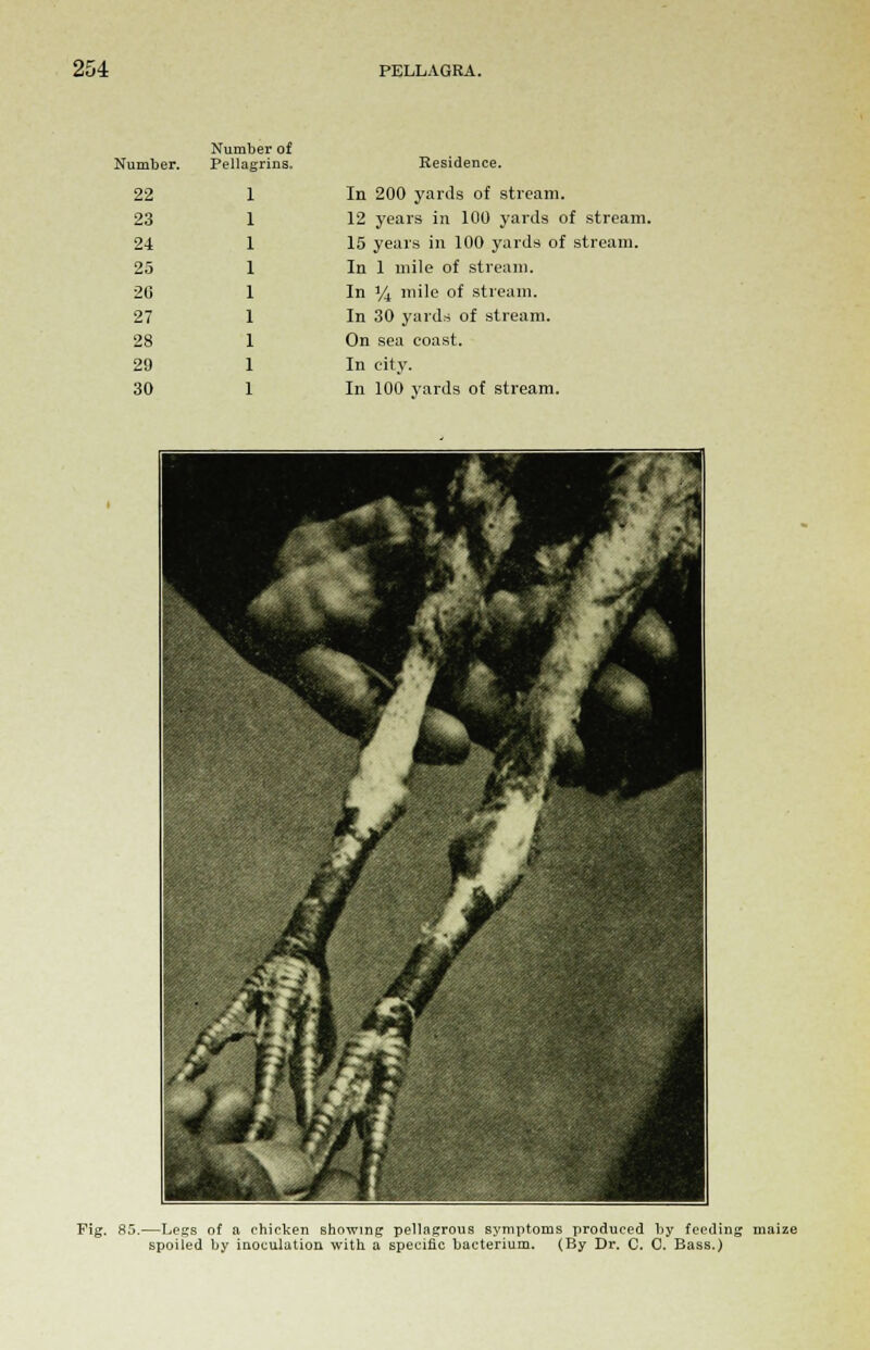 Number. Number of Pellagrins. 22 1 23 1 24 1 25 1 20 1 27 1 28 1 29 1 30 1 Residence. In 200 yards of stream. 12 years in 100 yards of stream. 15 years in 100 yards of stream. In 1 mile of stream. In y4 mile of stream. In 30 yards of stream. On sea coast. In city. In 100 yards of stream. Fig. 85.—Legs of a chicken showing pellagrous symptoms produced by feeding spoiled by inoculation with a specific bacterium. (By Dr. C. C. Bass.)
