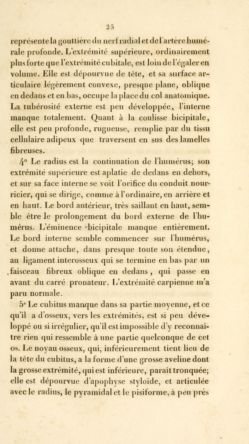 représentera gouttière du nerf radial et de l'artère humé- raie profonde. L'extrémité supérieure, ordinairement plus forte que l'extrémité cubitale, est loin de l'égaler en volume. Elle est dépourvue de tête, et sa surface ar- ticulaire légèrement convexe, presque plane, oblique en dedans et en bas, occupe la place du col anatomique. La tubérosilé externe est peu développée, l'interne manque totalement. Quant à la coulisse bicipitale, elle est peu profonde, rugueuse, remplie par du tissu cellulaire adipeux que traversent en sus des lamelles fibreuses. 4° Le radius est la continuation de L'humérus; son extrémité supérieure est aplatie de dedans en dehors, et sur sa face interne se voit l'orifice du conduit nour- ricier, qui se dirige, comme à l'ordinaire, en arrière et en haut. Le bord antérieur, très saillant en haut, sem- ble être le prolongement du bord externe de l'hu- mérus. L'éminence -bicipitale manque entièrement. Le bord interne semble commencer sur l'humérus, et donne attache, dans presque toute son étendue, au ligament interosseux qui se termine en bas par un faisceau fibreux oblique en dedans , qui passe en avant du carré pronateur. L'extrémité carpienne m'a paru normale. 5° Le cubitus manque dans sa partie moyenne, et ce qu'il a d'osseux, vers les extrémités, est si peu déve- loppé ou si irrégulier, qu'il est impossible d'y reconnaî- tre rien qui ressemble à une partie quelconque de cet os. Le noyau osseux, qui, inférieurement tient lieu de la tête du cubitus, a la forme d'une grosse aveline dont la grosse extrémité, qui est inférieure, paraît tronquée; elle est dépourvue d'apophyse styloïde, et articulée avec le radius, le pyramidal et le pisiforme, à peu près