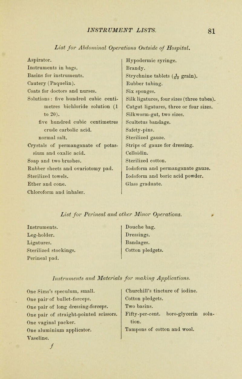 List for Abdominal Operations Outside of Hospital. Aspirator. Instruments in bags. Basins for instruments. Cautery (Paquelin). Coats for doctors and nurses. Solutions : five hundred cubic centi- metres bichloride solution (1 to 20). five hundred cubic centimetres crude carbolic acid, normal salt. Crystals of permanganate of potas- sium and oxalic acid. Soap and two brushes. Rubber sheets and ovariotomy pad. Sterilized towels. Ether and cone. Chloroform and inhaler. Hypodermic syringe. Brandy. Strychnine tablets (-fa grain). Rubber tubing. Six sponges. Silk ligatures, four sizes (three tubes). Catgut ligatures, three or four sizes. Silkworm-gut, two sizes. Scultetus bandage. Safety-pins. Sterilized gauze. Strips of gauze for dressing. Celloidin. Sterilized cotton. Iodoform and permanganate gauze. Iodoform and boric acid powder. Glass graduate. List for Perineal and other Minor Operations. Instruments. Leg-holder. Ligatures. Sterilized stockings. Perineal pad. Douche bag. Dressings. Bandages. Cotton pledgets. Instruments and Materials for making Applications. One Sims's speculum, small. One pair of bullet-forceps. One pair of long dressing-forceps. One pair of straight-pointed scissors. One vaginal packer. One aluminium applicator. Vaseline. / Churchill's tincture of iodine. Cotton pledgets. Two basins. Fifty-per-cent. boro-glycerin tion. Tampons of cotton and wool. solu-