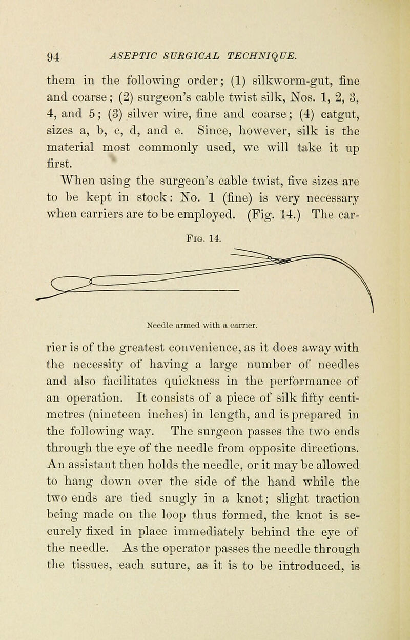 them in the following order; (1) silkworm-gut, fine and coarse; (2) surgeon's cable twist silk, ISTos. 1, 2, 3, 4, and 5; (3) silver wire, fine and coarse; (4) catgut, sizes a, b, c, d, and e. Since, however, silk is the material most commonly used, we will take it up first. When using the surgeon's cable twist, five sizes are to be kept in stock: No. 1 (fine) is very necessary when carriers are to be employed. (Fig. 14.) The car- Fio. 14. Needle armed with a carrier. rier is of the greatest convenience, as it does away with the necessity of having a large number of needles and also facilitates quickness in the performance of an operation. It consists of a piece of silk fifty centi- metres (nineteen inches) in length, and is prepared in the following way. The surgeon passes the two ends through the eye of the needle from opposite directions. An assistant then holds the needle, or it may be allowed to hang down over the side of the hand while the two ends are tied snugly in a knot; slight traction being made on the loop thus formed, the knot is se- curely fixed in place immediately behind the eye of the needle. As the operator passes the needle through the tissues, each suture, as it is to be introduced, is