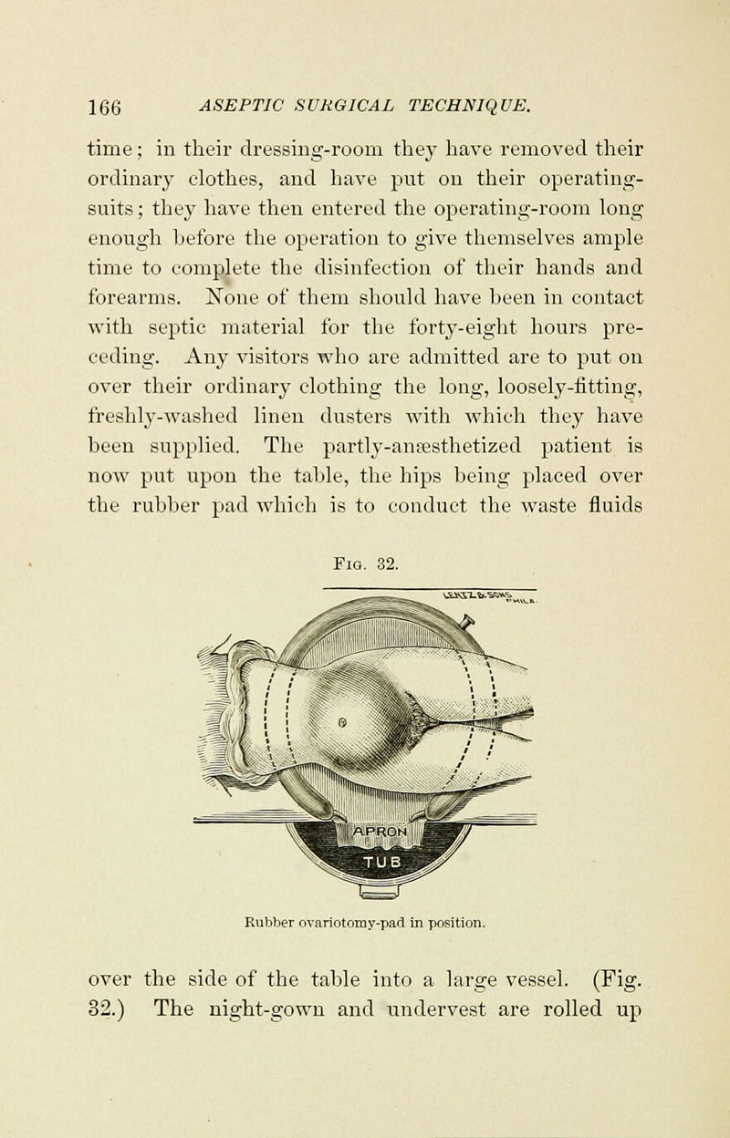 time; in their dressing-room they have removed their ordinary clothes, and have put on their operating- suits ; they have then entered the operating-room long enough before the operation to give themselves ample time to complete the disinfection of their hands and forearms. None of them should have been in contact with septic material for the forty-eight hours pre- ceding. Any visitors who are admitted are to put on over their ordinary clothing the long, loosely-fitting, freshly-wTashed linen dusters with which they have been supplied. The partly-anresthetized patient is now put upon the table, the hips being placed over the rubber pad which is to conduct the waste fluids Fig. 32. Rubber ovariotomy-pad in position. over the side of the table into a large vessel. (Fig. 32.) The night-gown and undervest are rolled up