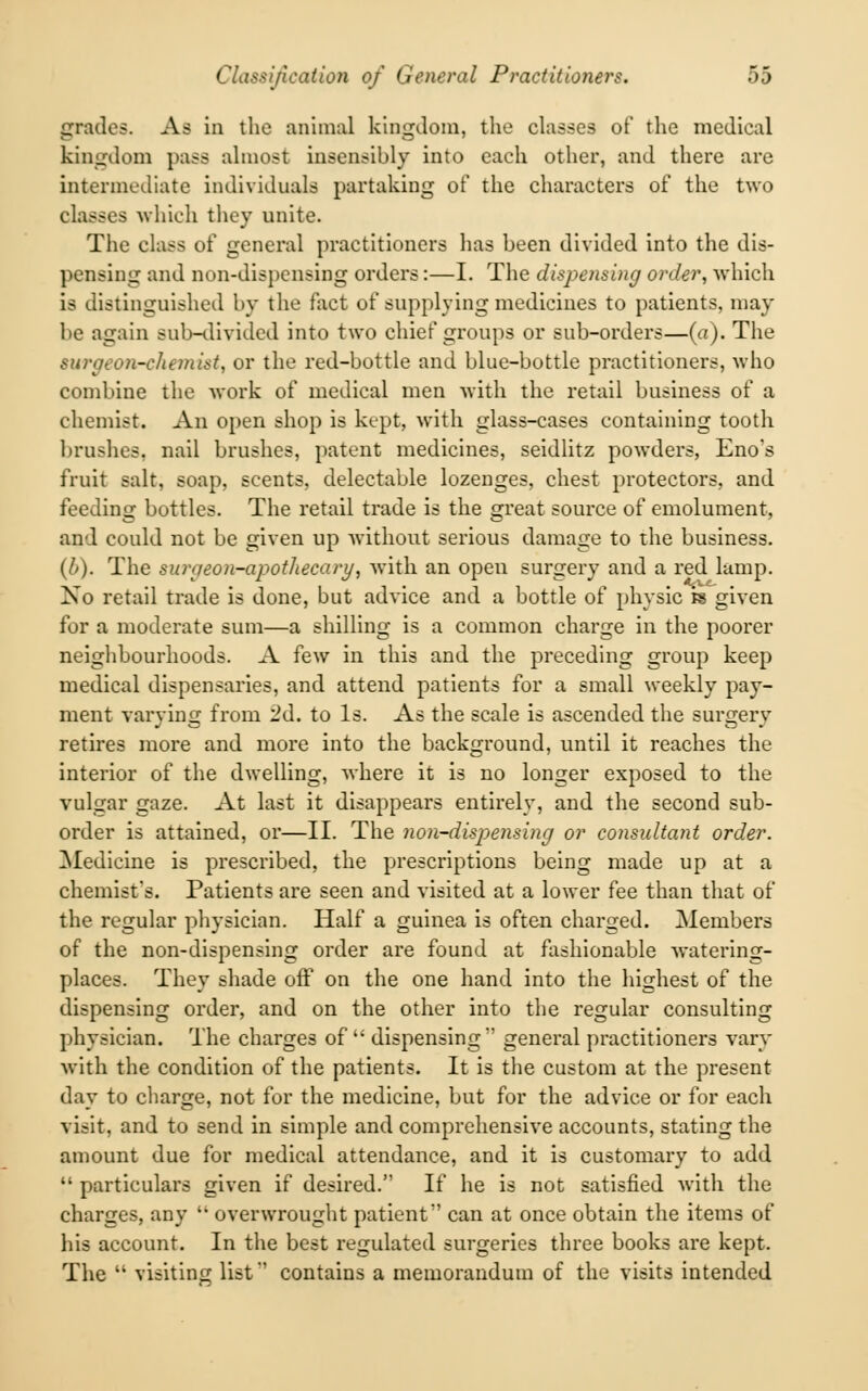 grades. As in the animal kingdom, the classes of the medical kingdom pass almost insensibly into each other, and there are intermediate individuals partaking of the characters of the two classes which they unite. The class of general practitioners has been divided into the dis- pensing and non-dispensing orders:—I. The dispensing order, which is distinguished by the fact of supplying medicines to patients, may be again sub-divided into two chief groups or sub-orders—(a). The surgeon-chemist, or the red-bottle and blue-bottle practitioners, who combine the work of medical men with the retail business of a chemist. An open shop is kept, with glass-cases containing tooth brushes, nail brushes, patent medicines, seidlitz powders, Eno's fruit salt, soap, scents, delectable lozenges, chest protectors, and feeding bottles. The retail trade is the great source of emolument, and could not be given up without serious damage to the business. (b). The surgeon-apothecary, with an open surgery and a red lamp. No retail trade is done, but advice and a bottle of physic is given for a moderate sum—a shilling is a common charge in the poorer neighbourhoods. A few in this and the preceding group keep medical dispensaries, and attend patients for a small weekly pay- ment varying from 2d. to Is. As the scale is ascended the surgerv retires more and more into the background, until it reaches the interior of the dwelling, where it is no longer exposed to the vulgar gaze. At last it disappears entirely, and the second sub- order is attained, or—II. The non-dispensing or consultant order. Medicine is prescribed, the prescriptions being made up at a chemist's. Patients are seen and visited at a lower fee than that of the regular physician. Half a guinea is often charged. Members of the non-dispensing order are found at fashionable watering- places. They shade off on the one hand into the highest of the dispensing order, and on the other into the regular consulting physician. The charges of dispensing general practitioners vary with the condition of the patients. It is the custom at the present day to charge, not for the medicine, but for the advice or for each visit, and to send in simple and comprehensive accounts, stating the amount due for medical attendance, and it is customary to add particulars given if desired. If he is not satisfied with the charges, any overwrought patient can at once obtain the items of his account. In the best regulated surgeries three books are kept. The visiting list contains a memorandum of the visits intended