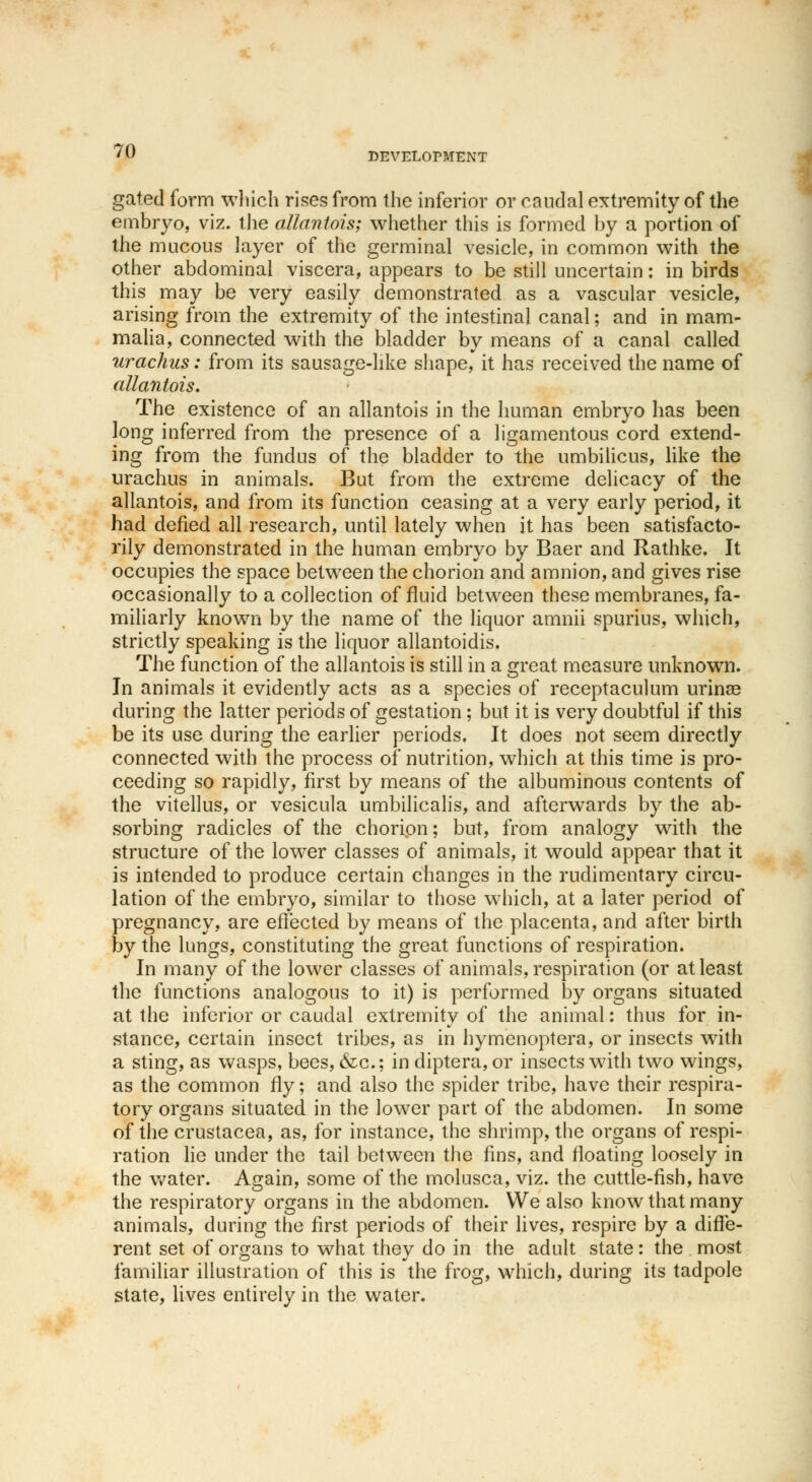 gated form which rises from the inferior or caudal extremity of the embryo, viz. the allantois; whether this is formed by a portion of the mucous layer of the germinal vesicle, in common with the other abdominal viscera, appears to be still uncertain: in birds this may be very easily demonstrated as a vascular vesicle, arising from the extremity of the intestinal canal; and in mam- malia, connected with the bladder by means of a canal called urachus: from its sausage-like shape, it has received the name of allantois. The existence of an allantois in the human embryo has been long inferred from the presence of a ligamentous cord extend- ing from the fundus of the bladder to the umbilicus, like the urachus in animals. But from the extreme delicacy of the allantois, and from its function ceasing at a very early period, it had defied all research, until lately when it has been satisfacto- rily demonstrated in the human embryo by Baer and Rathke. It occupies the space between the chorion and amnion, and gives rise occasionally to a collection of fluid between these membranes, fa- miliarly known by the name of the liquor amnii spurius, which, strictly speaking is the liquor allantoidis. The function of the allantois is still in a great measure unknown. In animals it evidently acts as a species of receptaculum urinse during the latter periods of gestation ; but it is very doubtful if this be its use during the earlier periods. It does not seem directly connected with the process of nutrition, which at this time is pro- ceeding so rapidly, first by means of the albuminous contents of the vitellus, or vesicula umbilicalis, and afterwards by the ab- sorbing radicles of the chorion; but, from analogy with the structure of the lower classes of animals, it would appear that it is intended to produce certain changes in the rudimentary circu- lation of the embryo, similar to those which, at a later period of pregnancy, are effected by means of the placenta, and after birth by the lungs, constituting the great functions of respiration. In many of the lower classes of animals, respiration (or at least the functions analogous to it) is performed by organs situated at the inferior or caudal extremity of the animal: thus for in- stance, certain insect tribes, as in hymenoptera, or insects with a sting, as wasps, bees, &c; in diptera, or insects with two wings, as the common fly; and also the spider tribe, have their respira- tory organs situated in the lower part of the abdomen. In some of the Crustacea, as, for instance, the shrimp, the organs of respi- ration lie under the tail between the fins, and floating loosely in the water. Again, some of the molusca, viz. the cuttle-fish, have the respiratory organs in the abdomen. We also know that many animals, during the first periods of their lives, respire by a diffe- rent set of organs to what they do in the adult state: the most familiar illustration of this is the frog, which, during its tadpole state, lives entirely in the water.