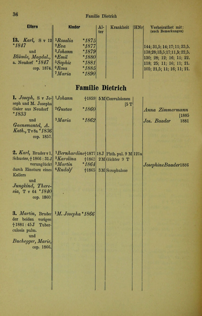 Familie Dietrich Eltern 13. Karl, S v 12 *1847 und Blümle, Magdal., a. Neudorf *1847 cop. 1874, 1. Joseph, S v Jo seph und M. Josepha Gaier aus Neudorf *1833 und Gaensmantel, A. Kath.,Tv8a*1836 cop. 1857. 2. Karl, Bruder vi Schuster,+1866:31J verunglückt durch Einsturz eines Kellers und Jungkind, There- sia, T v 64 *1840 cop. 1860. 3. Martin, Bruder der beiden vorigen + 1881: 45 J Tuber- culosis pulm. und Buchegger, Marie, cop. 1866. Kinder iRosalia 2Eva ^Johann ^Emil ^Sophie 6Rosa ''Maria *1875 *1877 *1879 *1880 *1881 *1885 *1890 Al- ter Krankheit HNr Verheirathet mit: (auch Bemerkungen) 144; 31,5; 14; 17; 11; 23,5. 138;28;13,5;17;11,5;22,5. 130; 28; 12; 16; 11; 22. 118; 25; 11; 16; 11; 21. 105; 21,5; 11; 16; 11; 21. Familie Dietrich ^Johann 2'Gustav sMaria +1859 *1860 *1862 1Bernhardine{18Ti 2Karolina +1863 ^Martin *1864 tRudolf +1865 W. Josepha *1866 5M 18J 2M 3M Convulsionen [5T Phth.pul.9M Gichter 9 T Scrophulose 121a Anna Zimmermann [1885 Jos. Baader 1881 JosephineBaader 1886