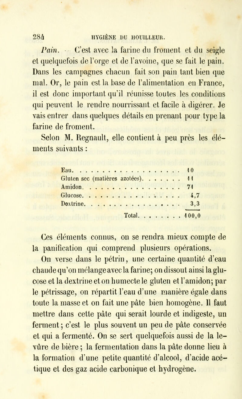 Pain. C'est avec la farine du froment et du seigle et quelquefois de l'orge et de l'avoine, que se fait le pain. Dans les campagnes chacun fait son pain tant bien que mal. Or, le pain est la base de l'alimentation en France, il est donc important qu'il réunisse toutes les conditions qui peuvent le rendre nourrissant et facile à digérer. Je vais entrer dans quelques détails en prenant pour type la farine de froment. Selon M. Regnault, elle contient à peu près les élé- ments suivants : Eau 10 Gluten sec (matières azotées) 41 Amidon 74 Glucose 4,7 Dextrine 3,3 Total 4 00,0 Ces éléments connus, on se rendra mieux compte de la panification qui comprend plusieurs opérations. On verse dans le pétrin, une certaine quantité d'eau chaude qu'on mélange avec la farine; on dissout ainsi la glu- cose et la dextrine et on humecte le gluten et l'amidon; par le pétrissage, on répartit l'eau d'une manière égale dans toute la masse et on fait une pâte bien homogène. Il faut mettre dans cette pâte qui serait lourde et indigeste, un ferment ; c'est le plus souvent un peu de pâte conservée et qui a fermenté. On se sert quelquefois aussi de la le- vure de bière; la fermentation dans la pâte donne lieu à la formation d'une petite quantité d'alcool, d'acide acé- tique et des gaz acide carbonique et hydrogène.