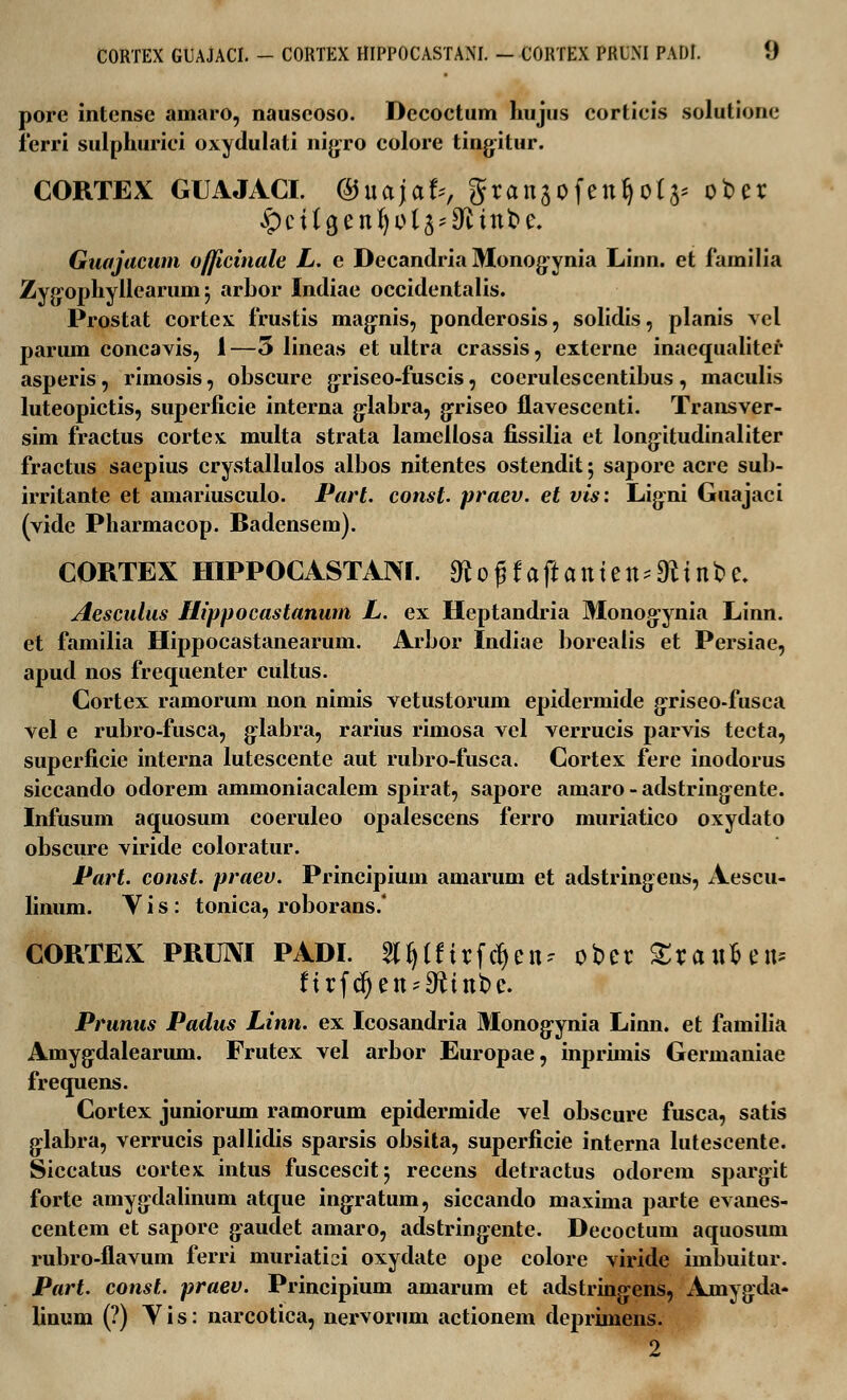 pore intense amaro, nauscoso. Decoctum hujus corticis solutionc ferri sulphurici oxydulati nigxo colore tingitur. CORTEX GUAJACI. ©uajafc, granjofenfjot^ ober £)ct(a,enl)ol3'$tnbe. Guajacum officinale L. e Decandria Monog:ynia Linn. et familia Zyg-ophyllearum j arbor Indiae occidcntalis. Prostat cortex frustis mag:nis, ponderosis, solidis, planis vel parum concavis, 1—5 lineas et ultra crassis, externe inaequaliter asperis, rimosis, obscure griseo-fuscis, coerulescentibus , maculis luteopictis, superficie interna g-labra, griseo flavesccnti. Transver- sim fractus cortex multa strata lamellosa fissilia et long-itudinaliter fractus saepius cryvStallulos albos nitentes ostendit; sapore acre sub- irritante et amariusculo. Part. consl. praev. et vis: Ligni Guajaci (vide Pharmacop. Badensem). CORTEX HIPPOCASTAM. 9? o g t a ft a n i e n * 91 i n o e. Aesculus Hippocastanurn L. ex Heptandria Monog'ynia Linn. et familia Hippocastanearum. Arbor Indiae borealis et Persiae, apud nos frequenter cultus. Cortex ramorum non nimis vetustorum epidermide griseo-fusca vel e rubro-fusca, glabra, rarius rimosa vel verrucis parvis tecta, superficie interna lutescente aut rubro-fusca. Cortex fere inodorus siccando odorem ammoniacalem spirat, sapore amaro - adstring-ente. Infusum aquosum coeruleo opalescens ferro muriatico oxydato obscure viride coloratur. Part. const. praev. Principium amarum et adstringens, Aescu- linum. V i s : tonica, roborans/ CORTEX PRUNI PADI. %Wiirfcl)eiu obet Sraufcen* firfcr)eU'9^inbe. Prunus Padus Linn. ex Icosandria Monogynia Linn. et familia Amyg:dalearum. Frutex vel arbor Europae, inprimis Germaniae frequens. Cortex juniorum ramorum epidermide vel obscure fusca, satis g:labra, verrucis pallidis sparsis obsita, superficie interna lutescente. Siccatus cortex intus fuscescit} recens detractus odorem spargit forte amygdalinum atque ingratum, siccando maxima parte evanes- centem et sapore g:audet amaro, adstringente. Decoctum aquosum rubro-flavum ferri muriatici oxydate ope colore viride imbuitur. Part. const. praev. Principium amarum et adstring:ens, Amygda- linum (?) Y i s: narcotica, nervorum actionem deprimens. 2