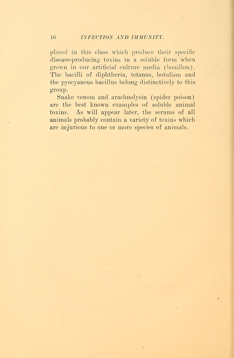 placed in this class which produce their specific disease-producing toxins in a soluble form when grown in our artificial culture media (bouillon). The bacilli of diphtheria, tetanus, botulism and the pyocyaneus bacillus belong distinctively to this group. Snake venom and arachnolysin (spider poison) are the best known examples of soluble animal toxins. As will appear later, the serums of all animals probably contain a variety of toxins which are injurious to one or more species of animals.