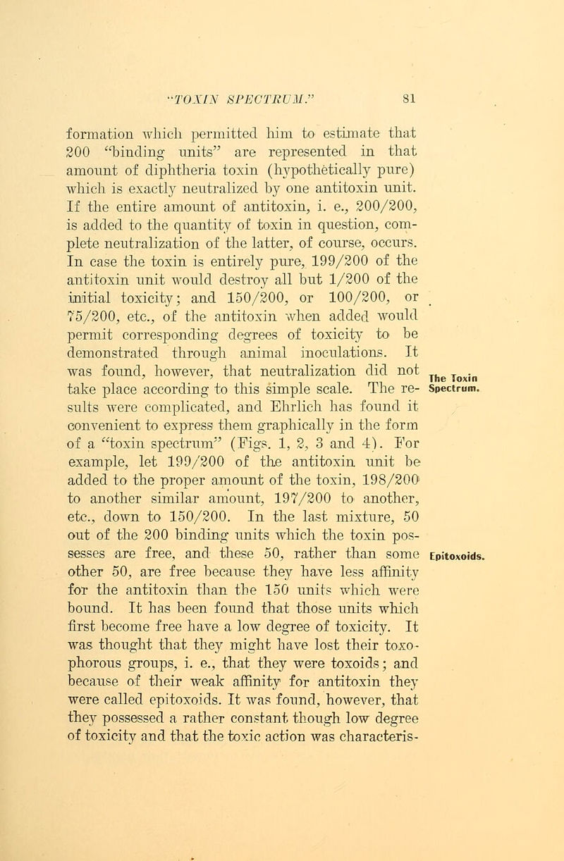 The Toxin formation which permitted him to estimate that 200 binding units are represented in that amount of diphtheria toxin (hypothetically pure) which is exactly neutralized by one antitoxin unit. If the entire amount of antitoxin, i. e., 200/200, is added to the quantity of toxin in question, com- plete neutralization of the latter, of course, occurs. In case the toxin is entirely pure, 199/200 of the antitoxin unit would destroy all but 1/200 of the initial toxicity; and 150/200, or 100/200, or 75/200, etc., of the antitoxin when added would permit corresponding degrees of toxicity to- be demonstrated through animal inoculations. It was found, however, that neutralization did not take place according to this simple scale. The re- spectrum. suits were complicated, and Ehrlich has found it convenient to express them graphically in the form of a toxin spectrum (Figs. 1, 2, 3 and 4). For example, let 199/200 of the antitoxin unit be added to the proper amount of the toxin, 198/200 to another similar amount, 197/200 to another, etc., down to 150/200. In the last mixture, 50 out of the 200 binding units which the toxin pos- sesses are free, and these 50, rather than some Epitoxoids. other 50, are free because they have less affinity for the antitoxin than the 150 units which were bound. It has been found that those units which first become free have a low degree of toxicity. It was thought that they might have lost their toxo- phorous groups, i. e., that they were toxoids; and because of their weak affinity for antitoxin they were called epitoxoids. It was found, however, that they possessed a rather constant though low degree of toxicity and that the toxic action was characteris-