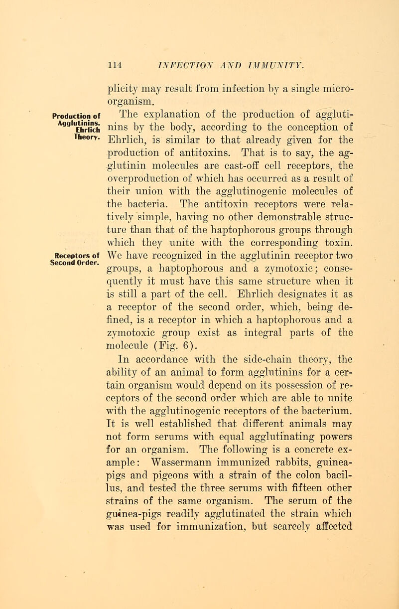 plicity may result from infection by a single micro- organism. Production of The explanation of the production of aggluti- Agaiut^mns. n^ng ^ ^e body, according to the conception of Theory. Eiiriicn., is similar to that already given for the production of antitoxins. That is to say, the ag- glutinin molecules are cast-off cell receptors, the overproduction of which has occurred as a result of their union with the agglutinogenic molecules of the bacteria. The antitoxin receptors were rela- tively simple, having no other demonstrable struc- ture than that of the haptophorous groups through which they unite with the corresponding toxin. Receptors of We have recognized in the agglutinin receptor two Second Order. , . , , , . groups, a haptophorous and a zymotoxic; conse- quently it must have this same structure when it is still a part of the cell. Ehrlich designates it as a receptor of the second order, which, being de- fined, is a receptor in which a haptophorous and a zymotoxic group exist as integral parts of the molecule (Fig. 6). In accordance with the side-chain theory, the ability of an animal to form agglutinins for a cer- tain organism would depend on its possession of re- ceptors of the second order which are able to unite with the agglutinogenic receptors of the bacterium. It is well established that different animals may not form serums with equal agglutinating powers for an organism. The following is a concrete ex- ample: Wassermann immunized rabbits, guinea- pigs and pigeons with a strain of the colon bacil- lus, and tested the three serums with fifteen other strains of the same organism. The serum of the guinea-pigs readily agglutinated the strain which was used for immunization, but scarcely affected