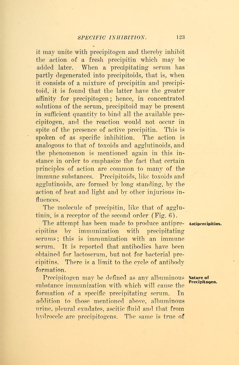 it ma3^ unite with precipitogen and thereby inhibit the action of a fresh precipitin which may be added later. When a precipitating serum has partly degenerated into precipitoids, that is, when it consists of a mixture of precipitin and precipi- toid, it is found that the latter have the greater affinity for precipitogen; hence, in concentrated solutions of the serum, precipitoid may be present in sufficient quantity to bind all the available pre- cipitogen, and the reaction would not occur in spite of the presence of active precipitin. This is spoken of as specific inhibition. The action is analogous to that of toxoids and agglutinoids, and the phenomenon is mentioned again in this in- stance in order to emphasize the fact that certain principles of action are common to many of the immune substances. Precipitoids, like toxoids and agglutinoids, are formed by long standing, by the action of heat and light and by other injurious in- fluences. The molecule of precipitin, like that of agglu- tinin, is a receptor of the second order (Fig. 6). The attempt has been made to produce antipre- Antiprecipitins. cipitins by immunization with precipitating serums; this is immunization with an immune serum. It is reported that antibodies have been obtained for lactoserum, but not for bacterial pre- cipitins. There is a limit to the cycle of antibody formation. Precipitogen may be defined as any albuminous substance immunization with which will cause the formation of a specific precipitating serum. In addition to those mentioned above, albuminous urine, pleural exudates, ascitic fluid and that from hydrocele are precipitogens. The same is true of Nature of Precipitogen.