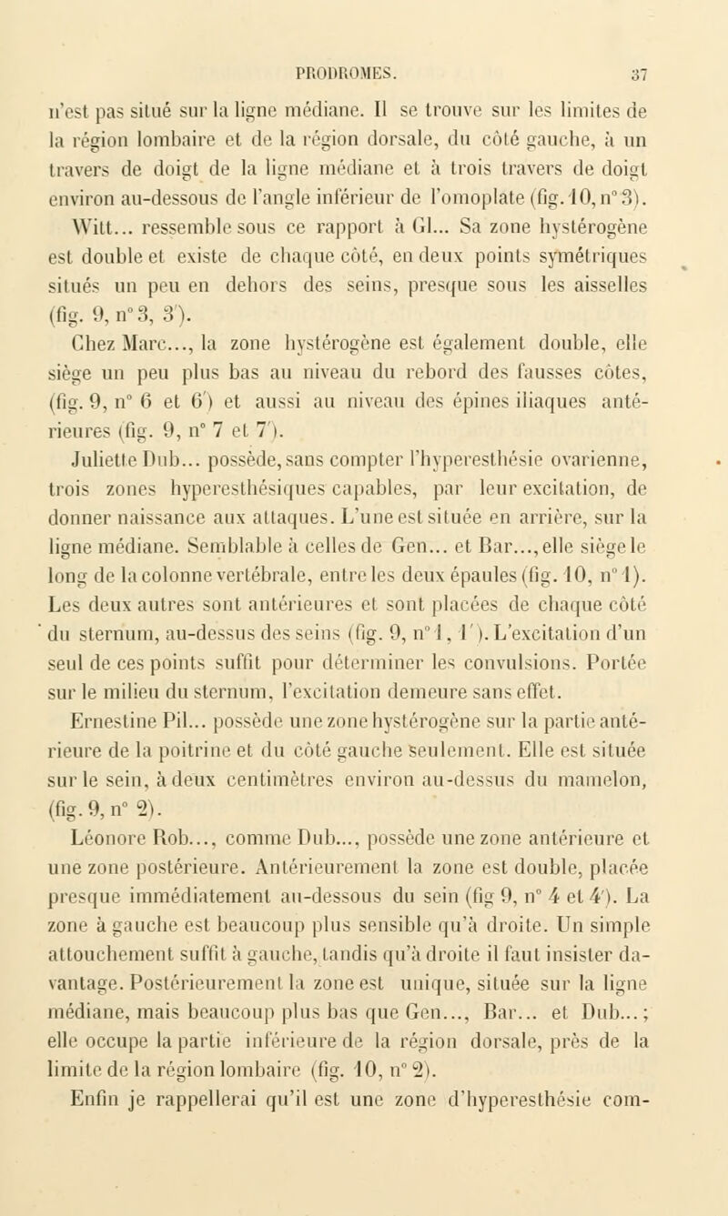 n'est pas situé sur la ligne médiane. Il se trouve sur les limites de la région lombaire et de la région dorsale, du côté gauche, à un travers de doigt de la ligne médiane et à trois travers de doigt environ au-dessous de l'angle inférieur de l'omoplate (fig. 10, n°3). Witt... ressemble sous ce rapport à GI... Sa zone hystérogène est double et existe de chaque côté, en deux points symétriques situés un peu en dehors des seins, presque sous les aisselles (fig. 9,n°3, 3). Chez Marc..., la zone hystérogène est également double, elle siège un peu plus bas au niveau du rebord des fausses côtes, (fig. 9, n 6 et 6) et aussi au niveau des épines iliaques anté- rieures (fig. 9, n° 7 et 7). Juliette Dub... possède, sans compter l'hyperesthésie ovarienne, trois zones hyperesthésiques capables, par leur excitation, de donner naissance aux attaques. L'une est située en arrière, sur la ligne médiane. Semblable à celles de Gen... et Bar...,elle siègele long de la colonne vertébrale, entre les deux épaules (fig. 10, n 1). Les deux autres sont antérieures et sont placées de chaque côté ' du sternum, au-dessus des seins (fig. 9, n° 1,1'). L'excitation d'un seul de ces points suffit pour déterminer les convulsions. Portée sur le milieu du sternum, l'excitation demeure sans effet. Ernestine Pil... possède une zone hystérogène sur la partie anté- rieure de la poitrine et du côté gauche seulement. Elle est située sur le sein, à deux centimètres environ au-dessus du mamelon, (fig.9,n° 2). Léonore Rob..., comme Dub..., possède une zone antérieure et une zone postérieure. Antérieurement la zone est double, placée presque immédiatement au-dessous du sein (fig 9, n° 4 et 4'). La zone à gauche est beaucoup plus sensible qu'à droite. Un simple attouchement suffit à gauche, tandis qu'à droite il faut insister da- vantage. Postérieurement la zone est unique, située sur la ligne médiane, mais beaucoup plus bas que Gen..., Bar... et Dub... ; elle occupe la partie inférieure de la région dorsale, près de la limite de la région lombaire (fig. 40, n° 2). Enfin je rappellerai qu'il est une zone d'hyperesthésie coin-
