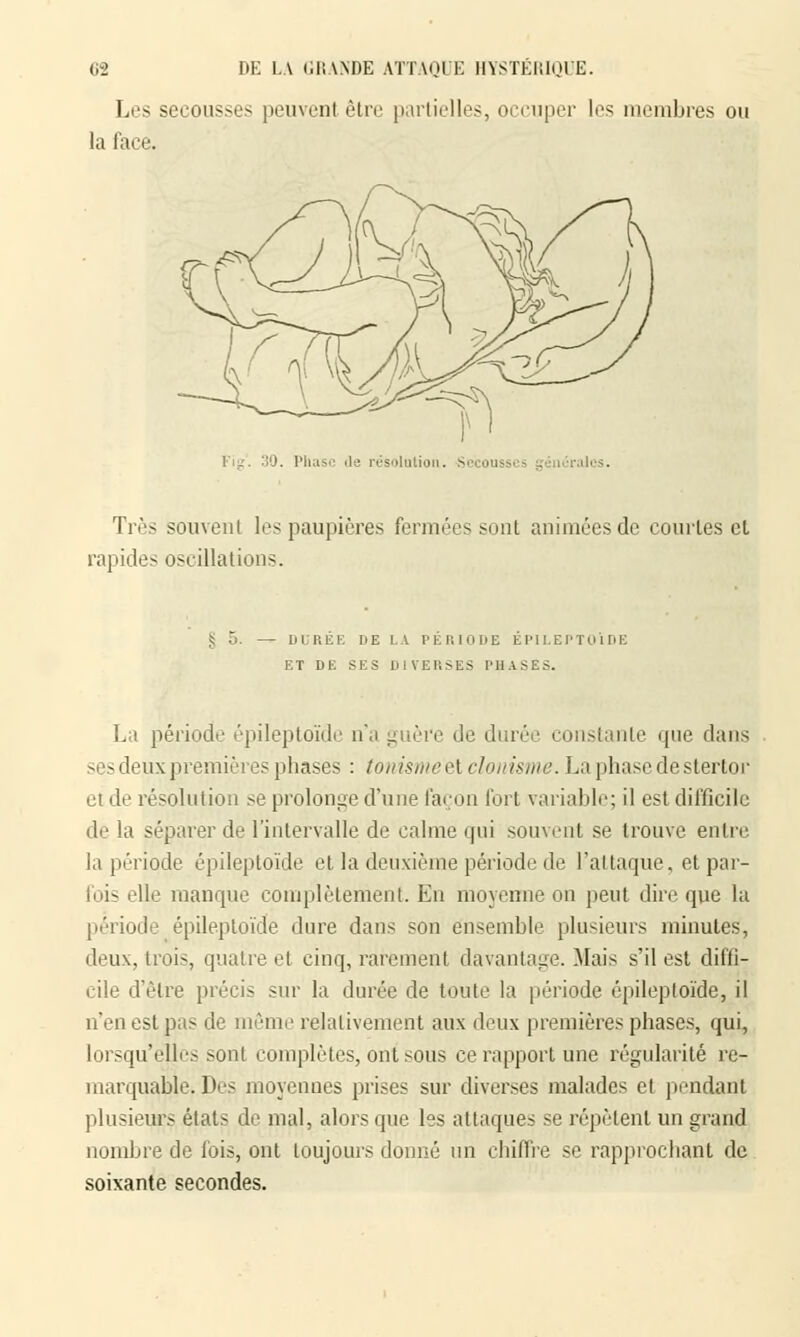 Les secousses peuvent être partielles, occuper les membres ou la face. •.Pli ie résolution. S issi • . . raies. Très souvent les paupières fermées sont animées de courtes et rapide- oscillai ions. « 5. — DURÉE DE LA. PÉRIODE ÉPILEPTOÏDE ET DE SES DIVERSES ['HASES. La période épileptoïde n'a guère de durée constante que dans ses deux premières phases : tonismee\ cîonisme. La phase destertor et de résolution se prolonge d'une façon fort variable; il est difficile de la séparer de l'intervalle de calme qui souvent se trouve entre l,i période épileptoïde et la deuxième période de l'attaque, et par- fois elle manque complètement. En moyenne on peut dire que la période épileptoïde dure dans son ensemble plusieurs minutes, deux, trois, quatre et cinq, rarement davantage. .Mais s'il est diffi- cile d'être précis sur la durée de toute la période épileptoïde, il n'en est pas de même relativement aux deux premières phases, qui, lorsqu'elles.sont complètes, ont sous ce rapport une régularité re- marquable. Des moyennes prises sur diverses malades et pendant plusieurs états de mal, alors que les attaques se répètent un grand nombre de fois, ont toujours donné un chiffre se rapprochant de soixante secondes.